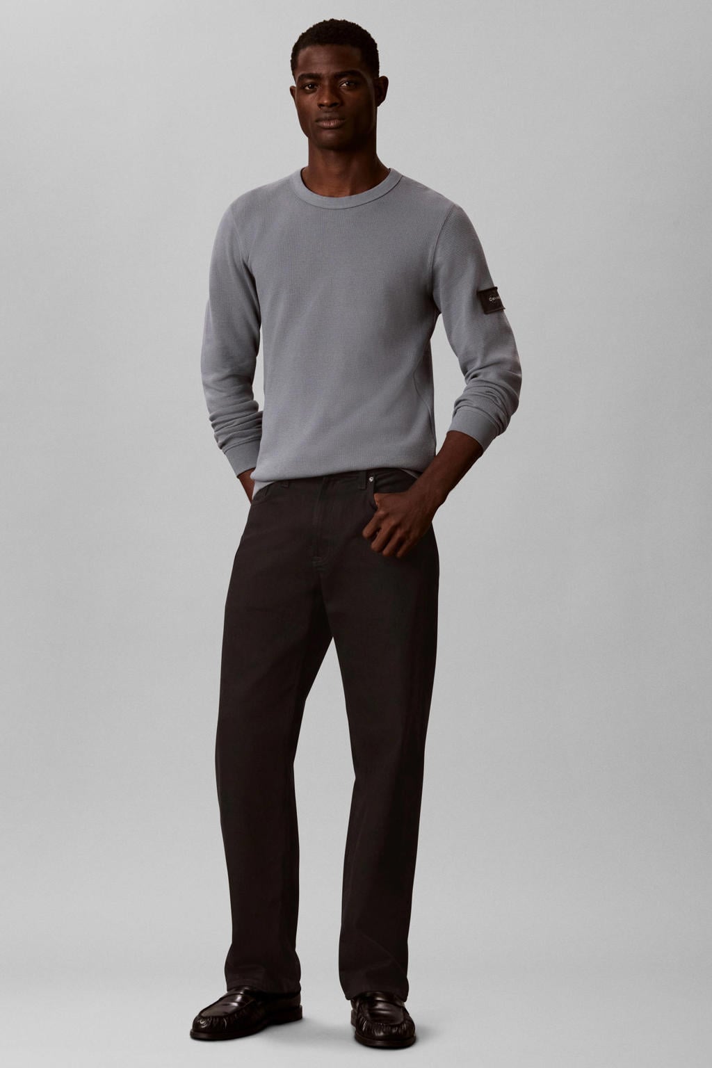 CALVIN KLEIN JEANS regular fit longsleeve met wafelstructuur - staalgrijs