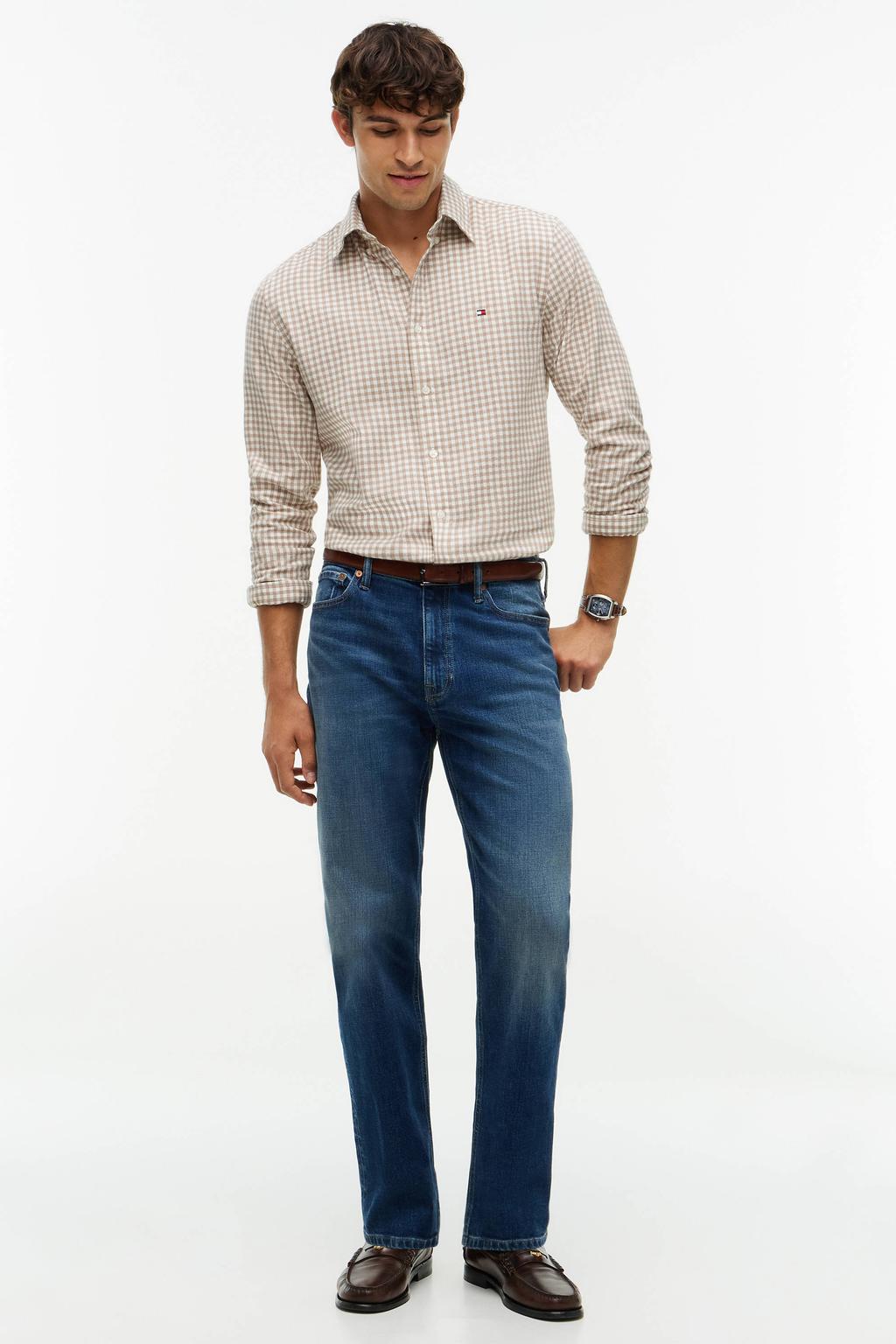 Lichtbruin en taupe heren Tommy Hilfiger flanel regular fit geruit overhemd coastal met lange mouwen en button down sluiting