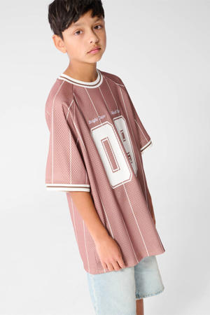 oversized gestreept T-shirt met tekst - oudroze