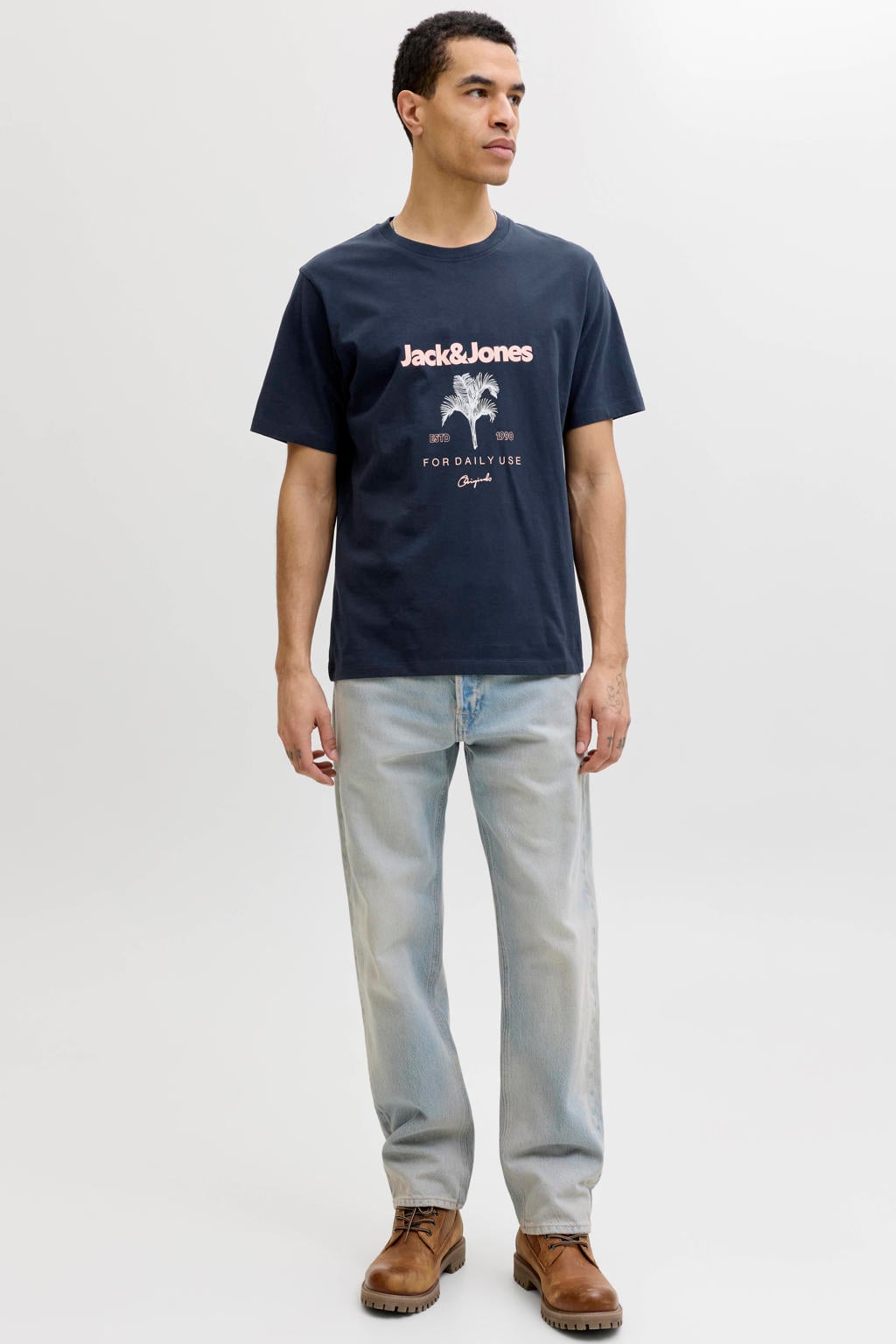 JACK & JONES ORIGINALS regular fit T-shirt met print - donkerblauw