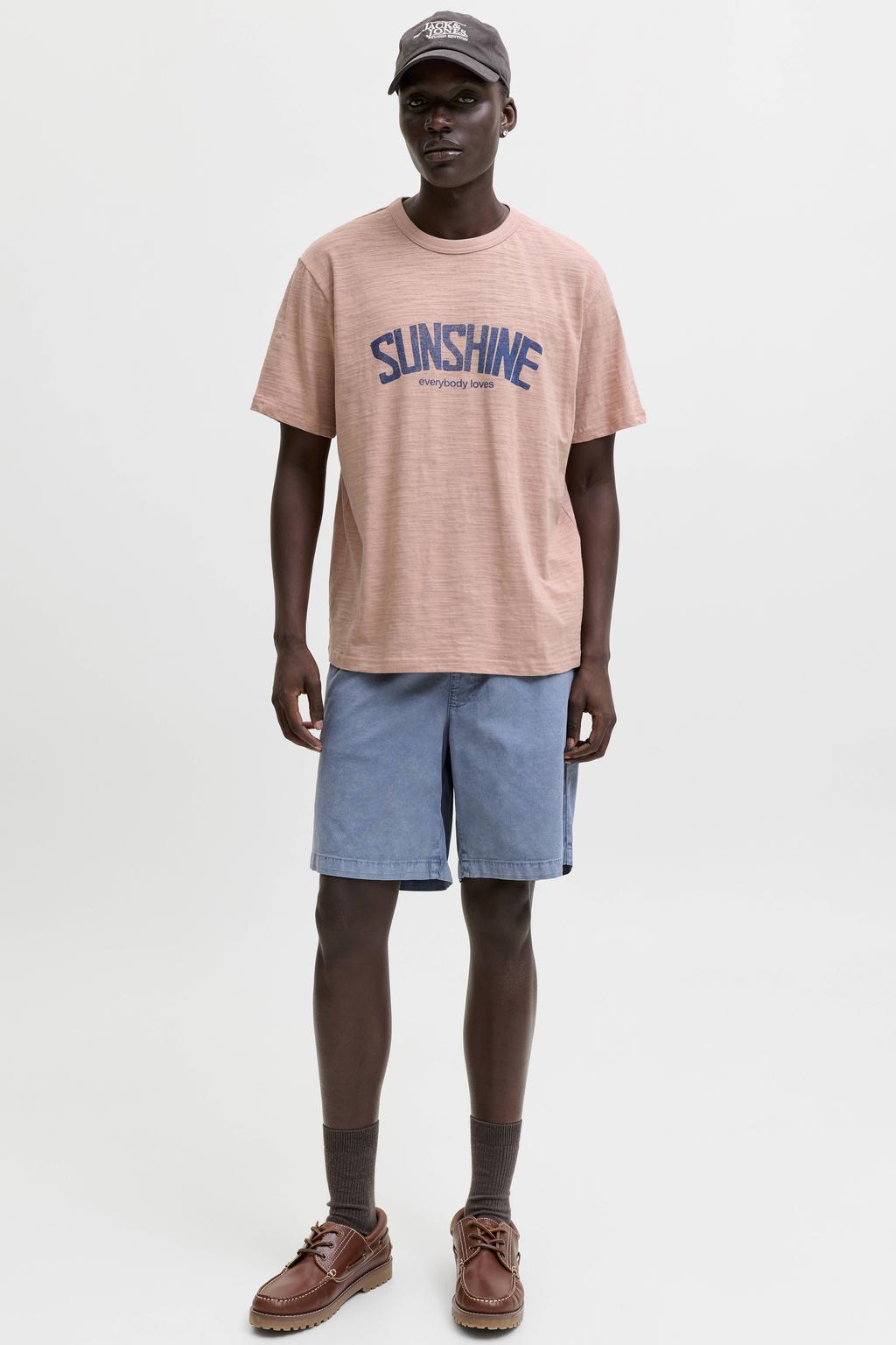 Roze heren JACK & JONES PREMIUM regular fit T-shirt van katoen met korte mouwen en ronde hals