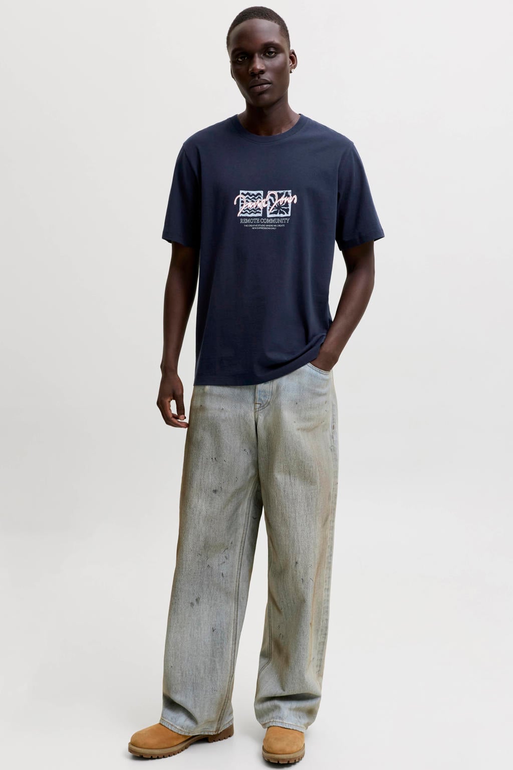 JACK & JONES ORIGINALS regular fit T-shirt met print - donkerblauw