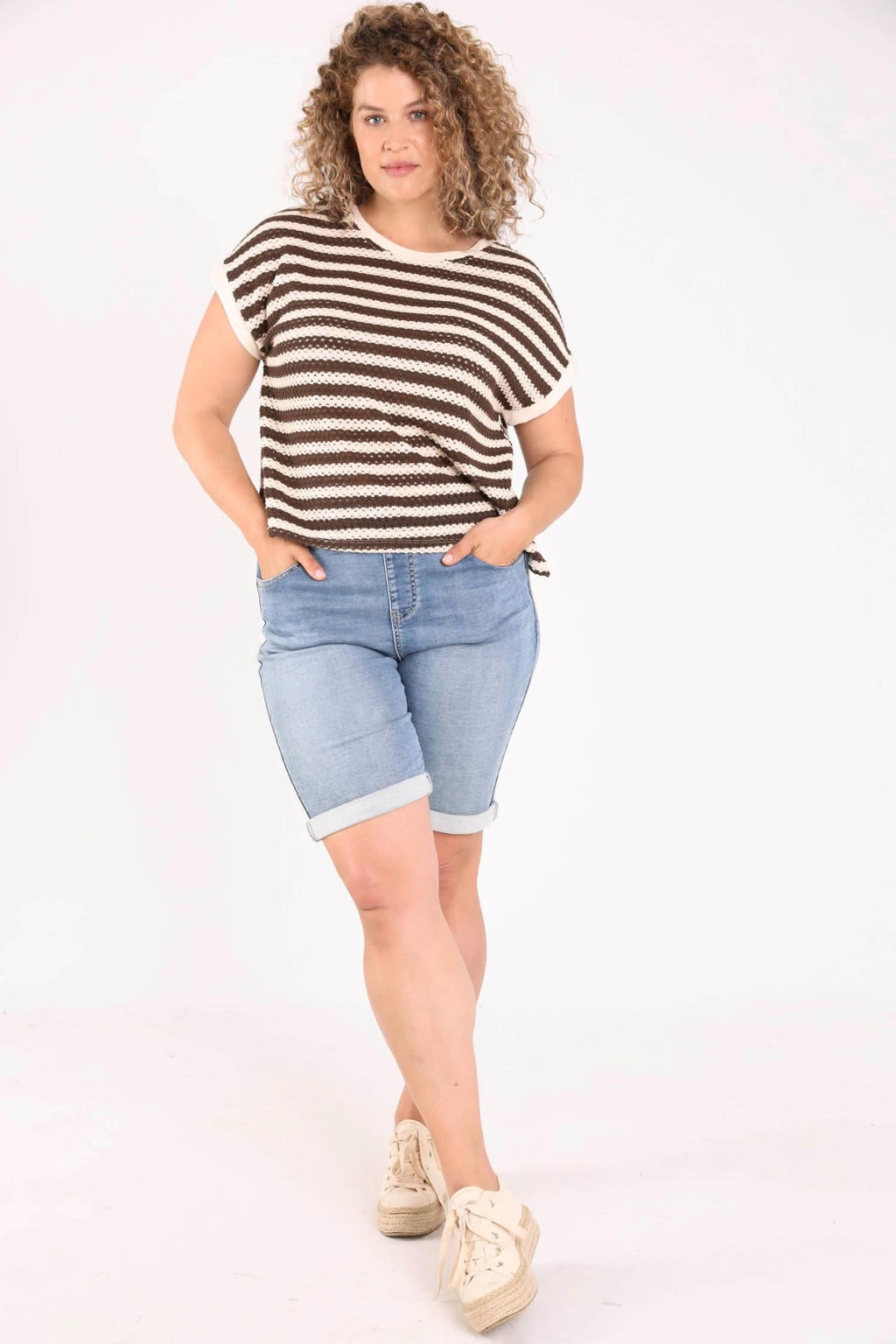 Paprika gebreide gestreepte trui Plus Size - bruin
