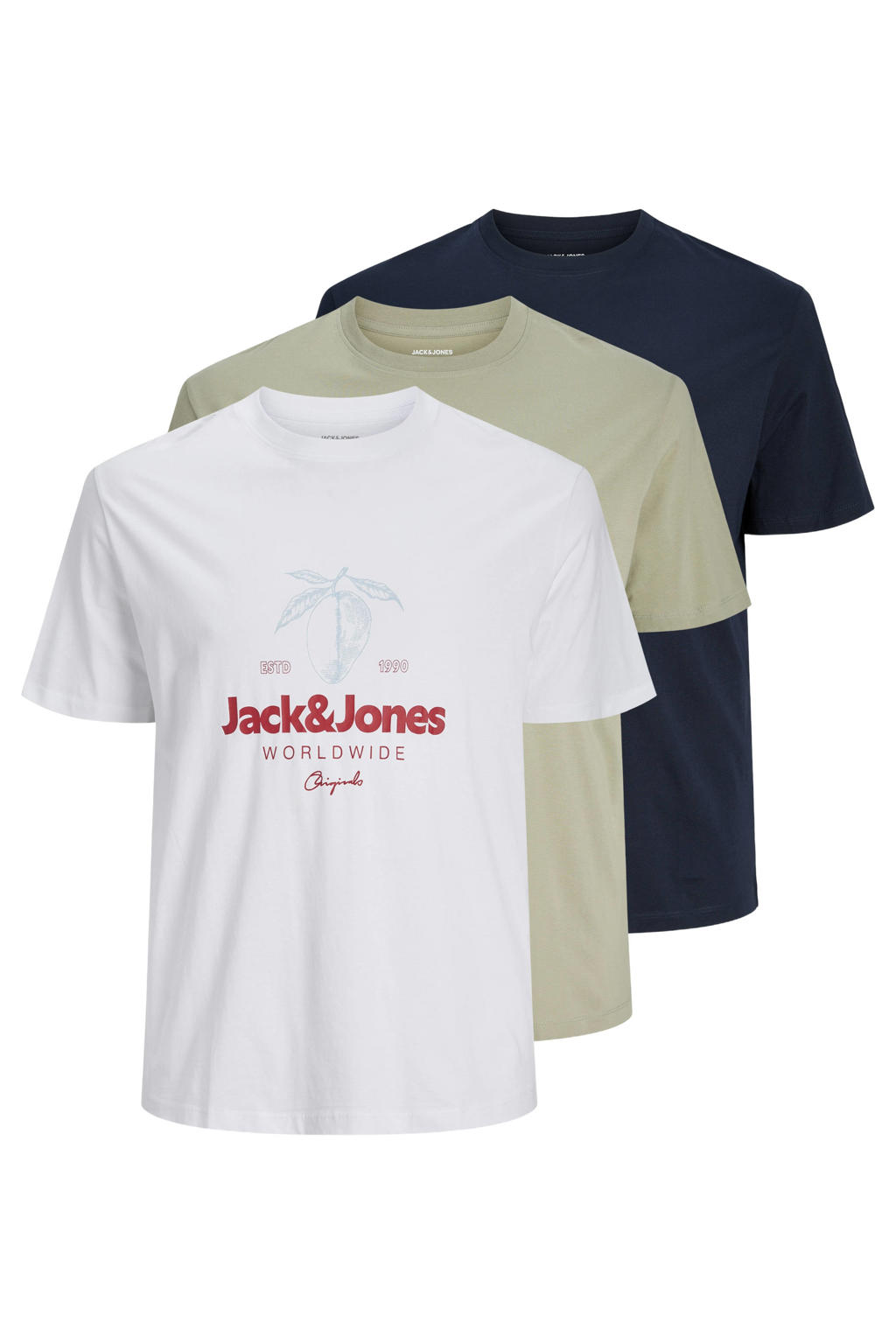 Set van 3 multikleurige heren JACK & JONES PLUS SIZE regular fit T-shirt van katoen met korte mouwen en ronde hals