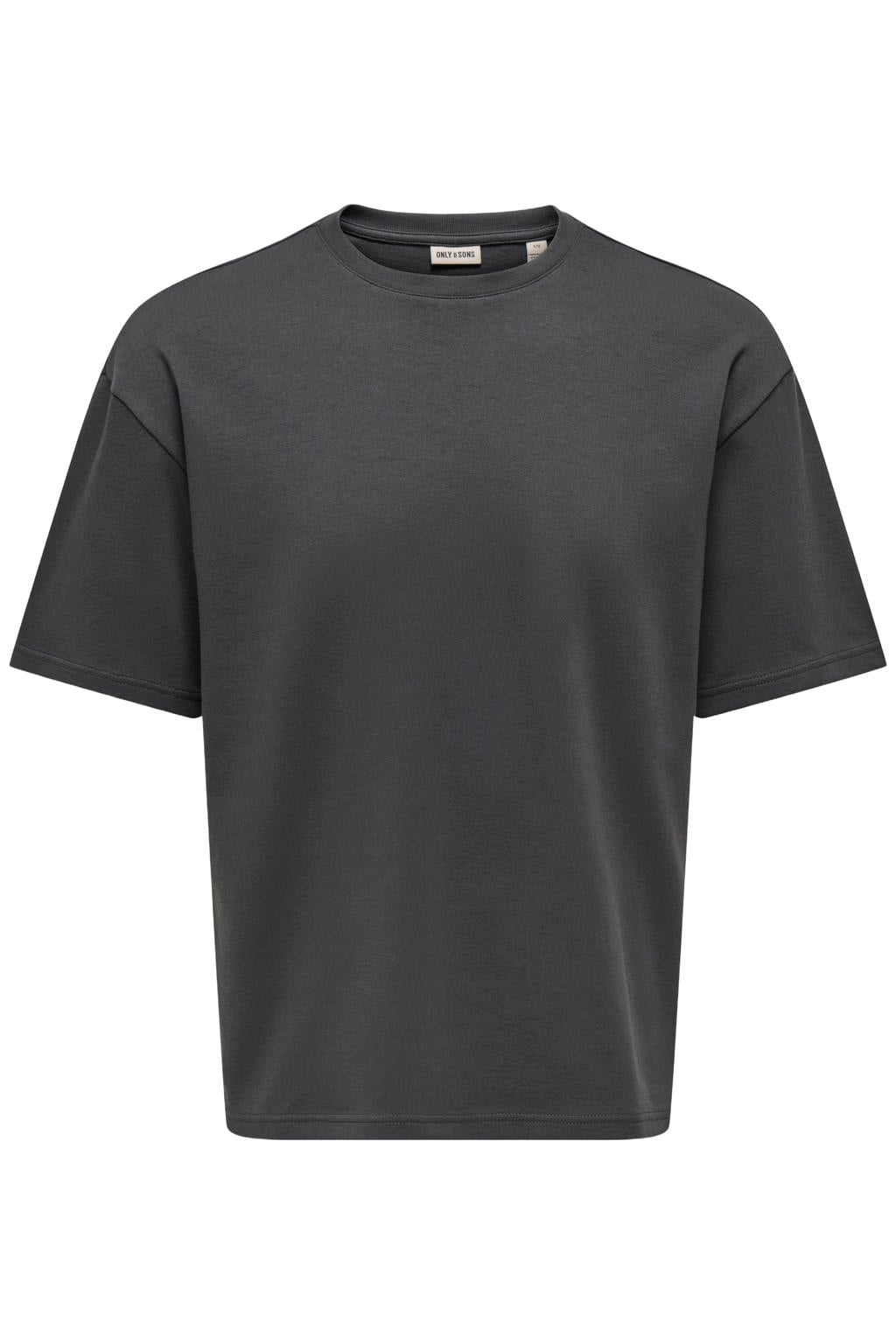 Antraciete heren ONLY & SONS boxy T-shirt van katoen met effen, korte mouwen en ronde hals
