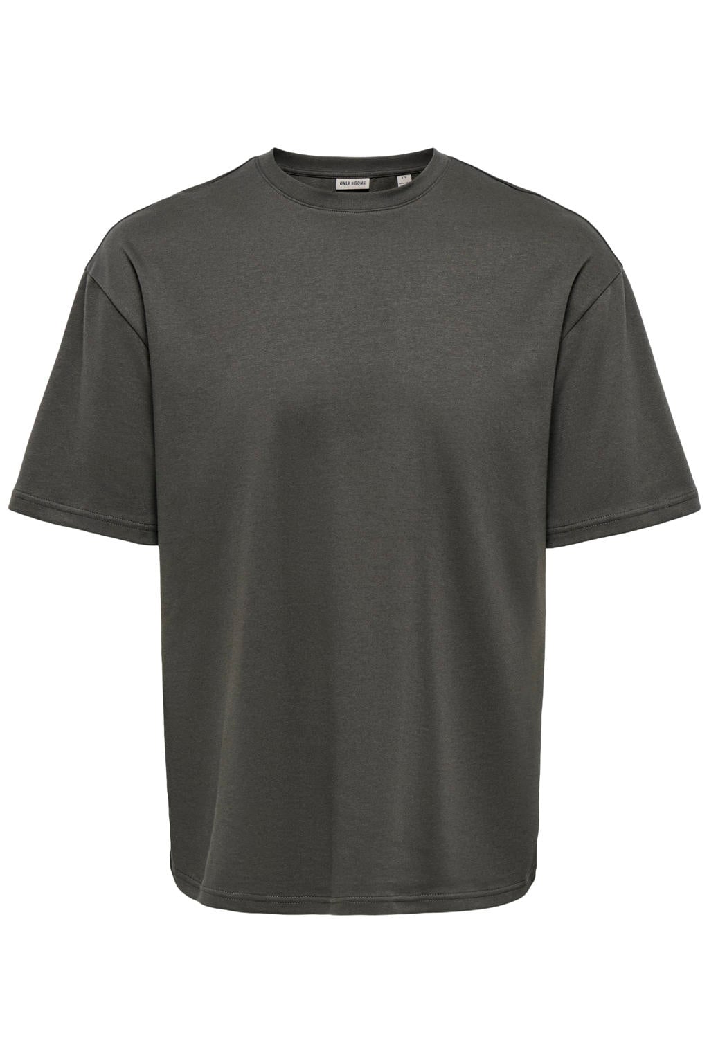 Grijze heren ONLY & SONS boxy T-shirt van katoen met effen, korte mouwen en ronde hals