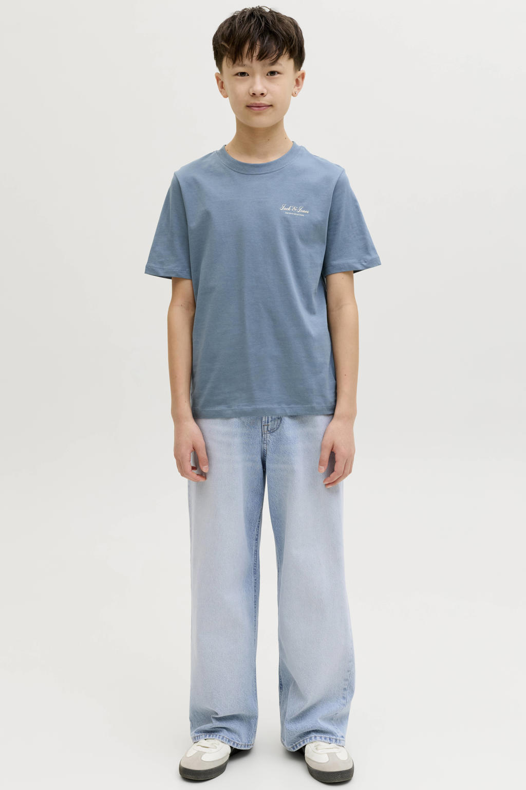 Light blue denim jongens JACK & JONES JUNIOR baggy jeans van denim met high waist, rits- en knoopsluiting en effen