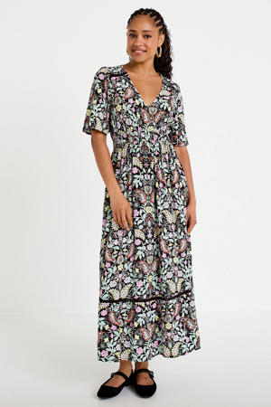 gebloemde bohemian maxi jurk met contrast bies - zwart