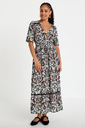 gebloemde bohemian maxi jurk met contrast bies - zwart