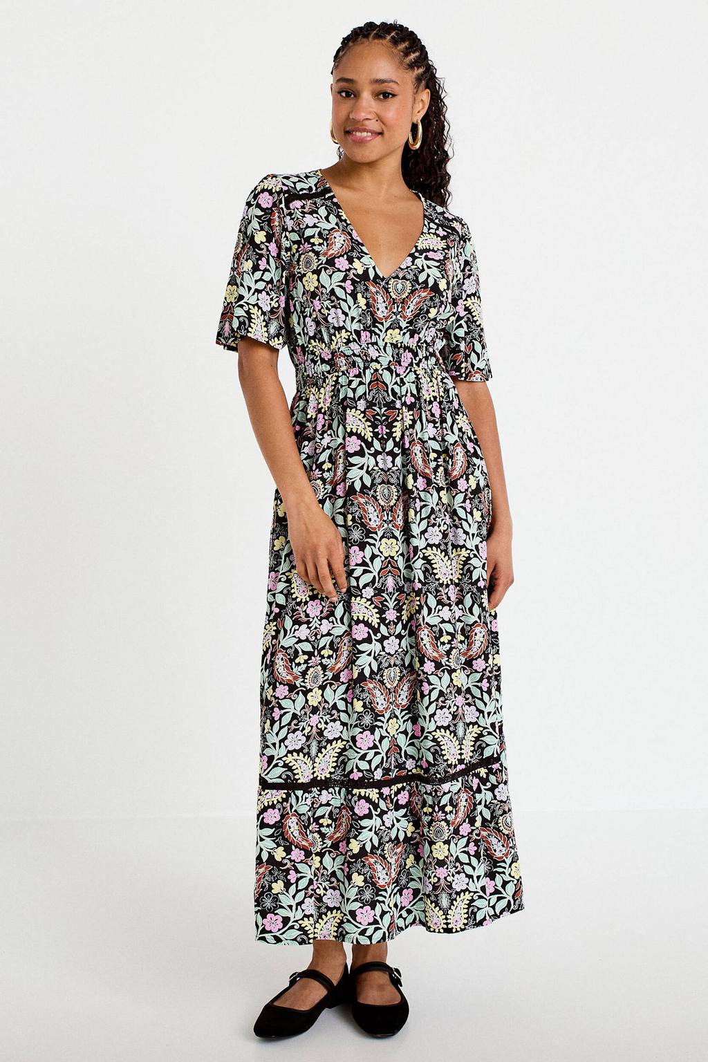 Zwart en mintgroene dames Cache Cache gebloemde bohemian maxi jurk bies van viscose met half lange mouwen, V-hals en elastische tailleband