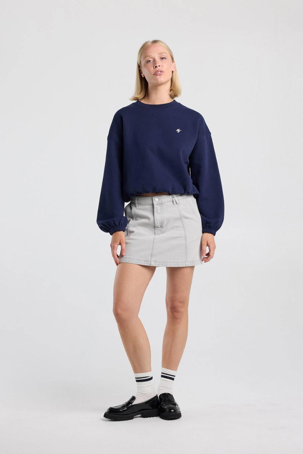 Donkerblauw en witte dames America Today sweater van katoen met logo dessin, lange mouwen en ronde hals