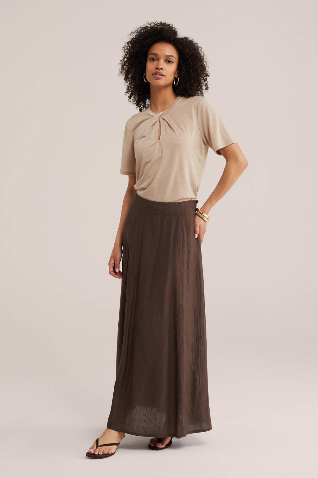 Zandkleurige dames WE Fashion top van viscose met effen, driekwart mouwen en ronde hals