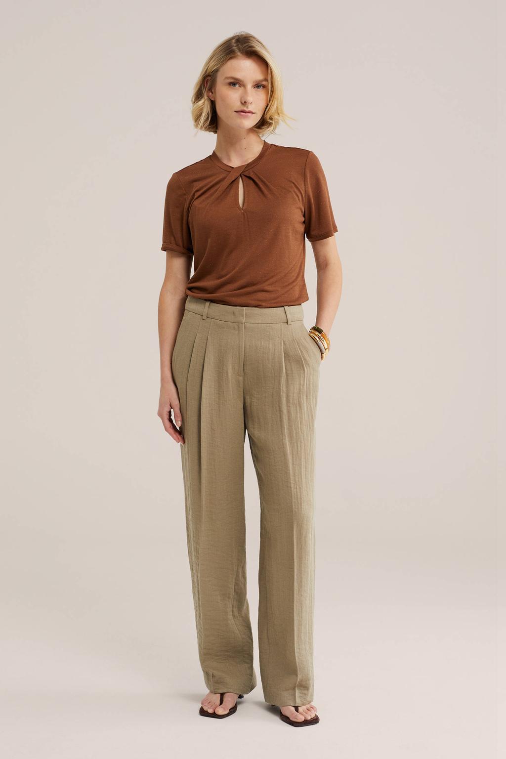 Bruine dames WE Fashion top van viscose met effen, driekwart mouwen en ronde hals