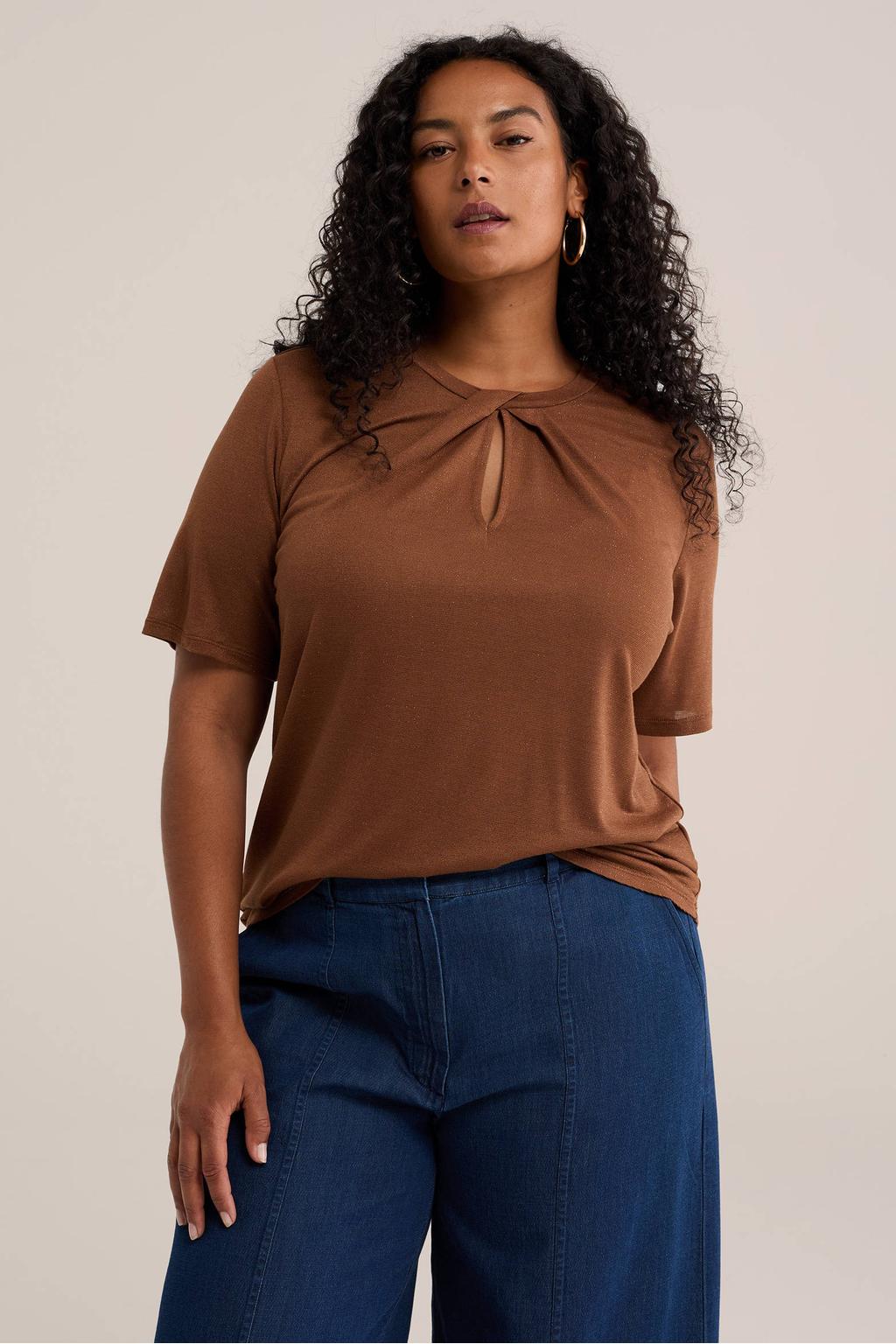 Bruine dames WE Fashion Curve top van viscose met effen, korte mouwen, ronde hals en lurex
