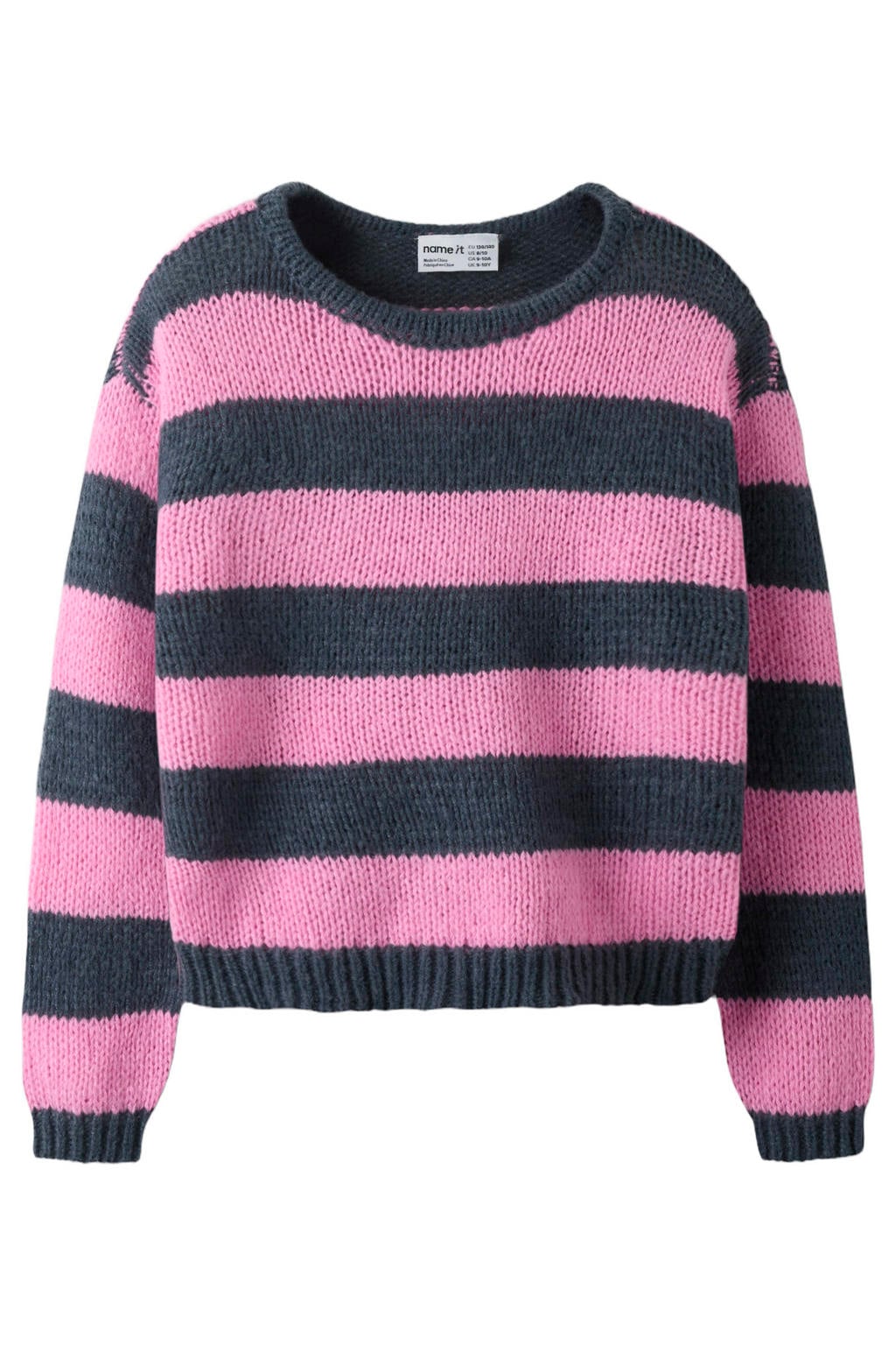 Roze en antraciete meisjes NAME IT KIDS rechtvallende gestreepte gebreide trui van polyester met lange mouwen en ronde hals