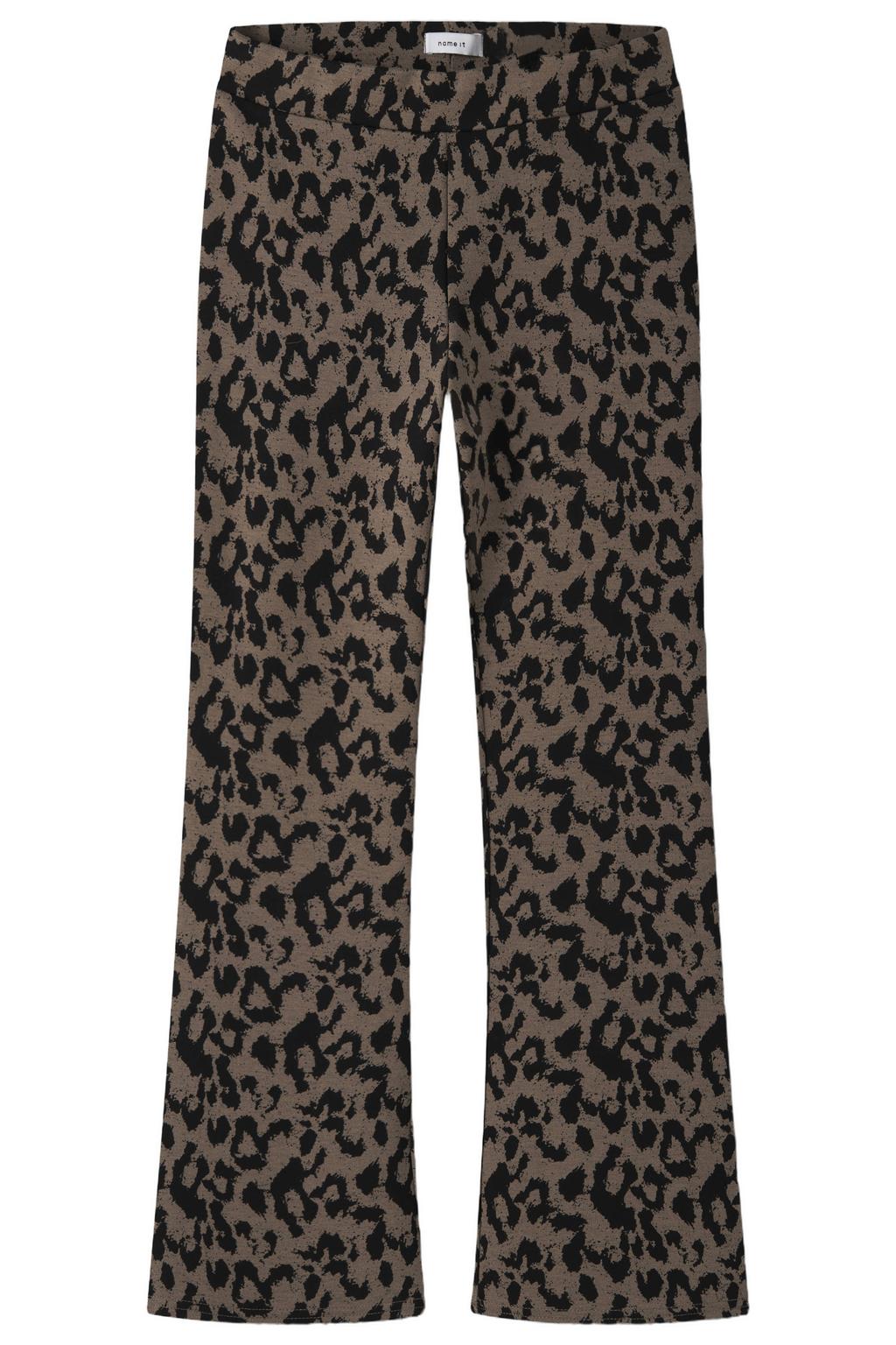 Bruin en zwarte meisjes NAME IT KIDS bootcut broek van viscose met elastische tailleband en panterprint