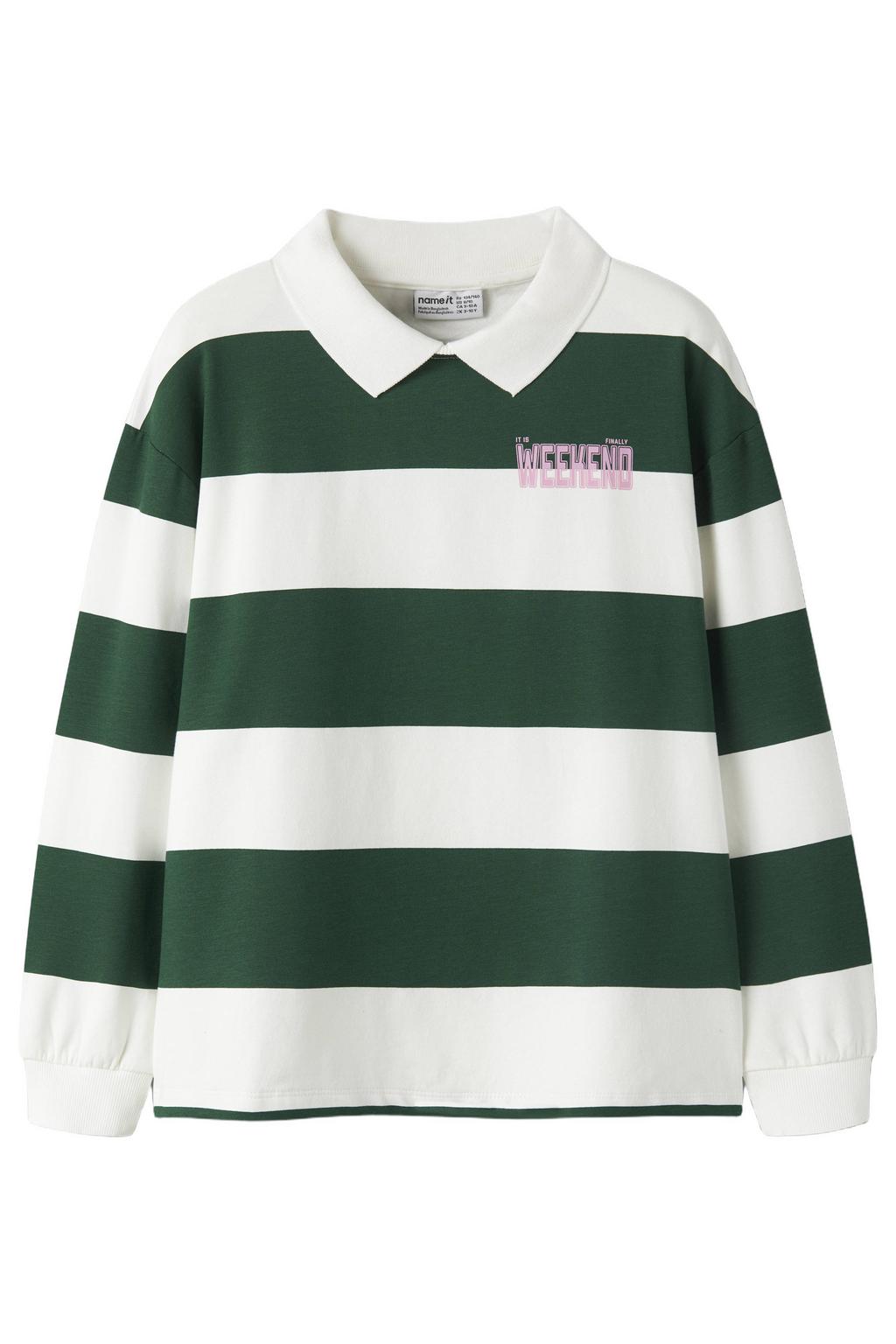 Groen en witte meisjes NAME IT KIDS gestreepte sweater met lange mouwen en polo kraag