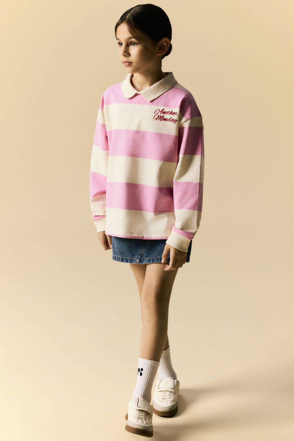 Roze en witte meisjes NAME IT KIDS gestreepte sweater met lange mouwen, polo kraag en geribde boorden