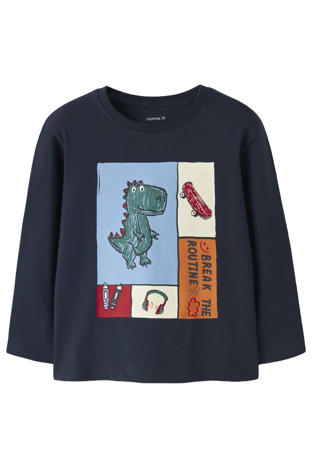 Donkerblauwe jongens NAME IT MINI rechtvallende longsleeve van stretchkatoen met printopdruk, lange mouwen en ronde hals