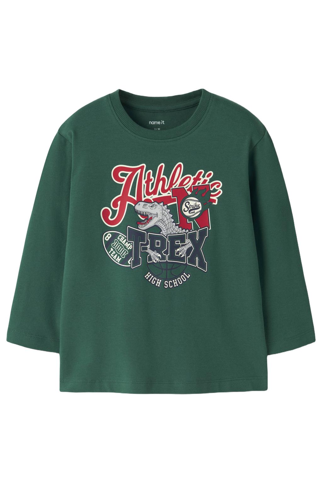 Groene jongens NAME IT MINI rechtvallende longsleeve van stretchkatoen met printopdruk, lange mouwen en ronde hals