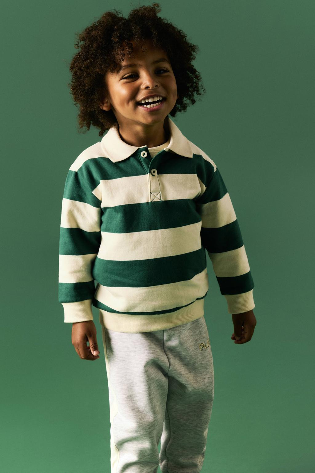 Groen en witte jongens NAME IT MINI rechtvallende gestreepte sweater met lange mouwen, polo kraag en knoopsluiting