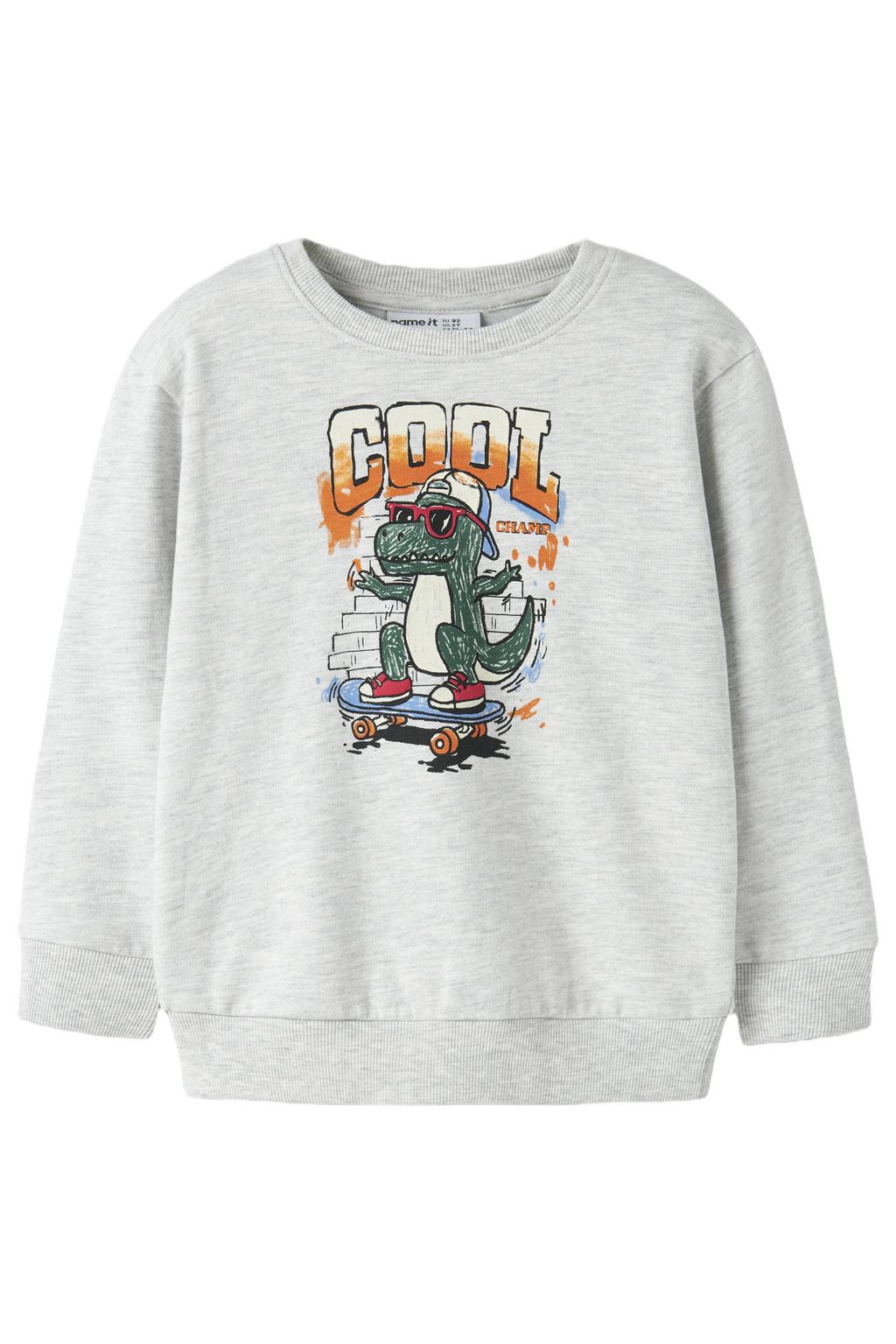 Grijze jongens NAME IT MINI rechtvallende sweater met printopdruk, lange mouwen en ronde hals
