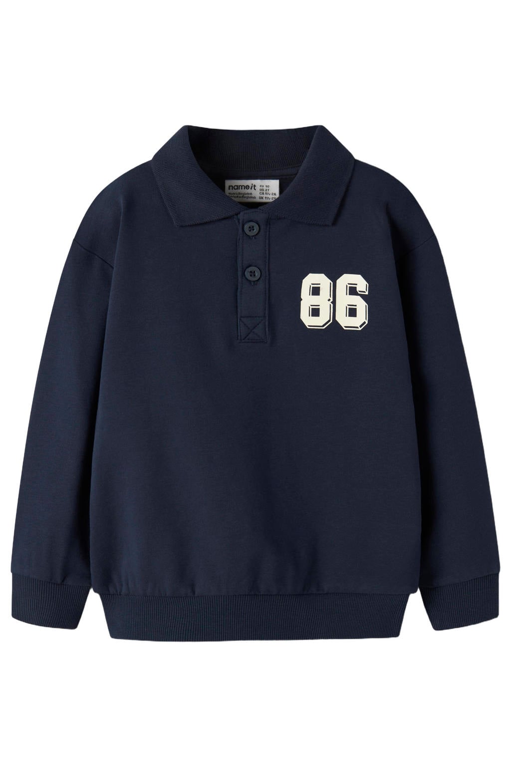 Donkerblauwe jongens NAME IT MINI rechtvallende sweater met printopdruk, lange mouwen, polo kraag en knoopsluiting