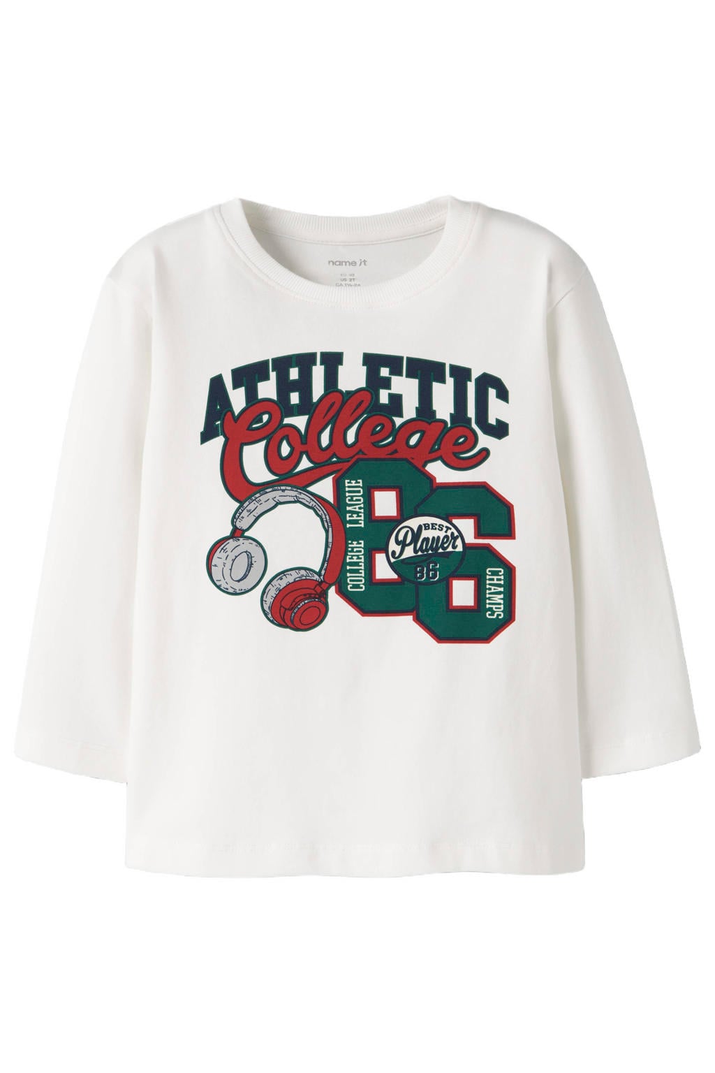 Witte jongens NAME IT MINI rechtvallende longsleeve van stretchkatoen met printopdruk, lange mouwen en ronde hals