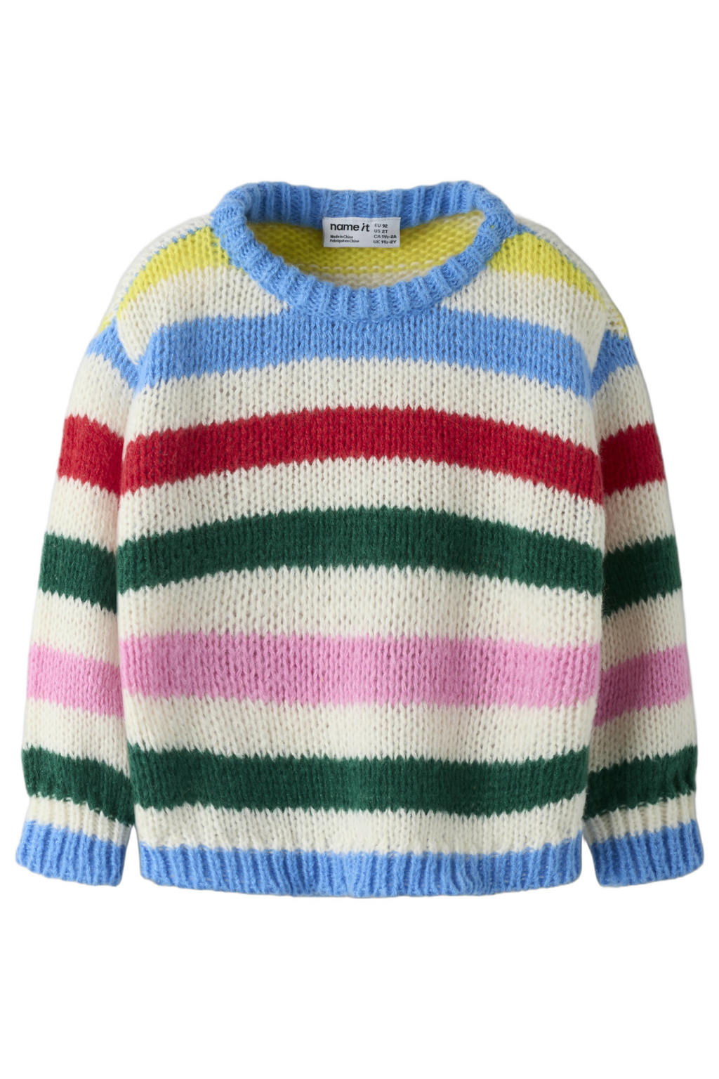 Wit, blauw en groene meisjes NAME IT MINI gebreide gestreepte trui van polyester met lange mouwen en ronde hals