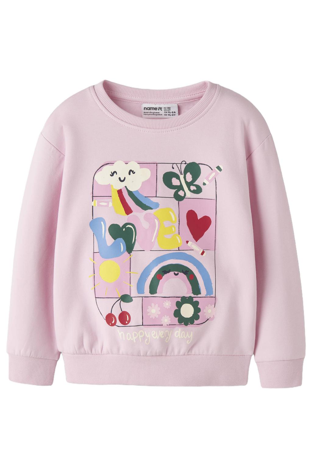 Lichtroze meisjes NAME IT MINI rechtvallende sweater met printopdruk, lange mouwen en ronde hals