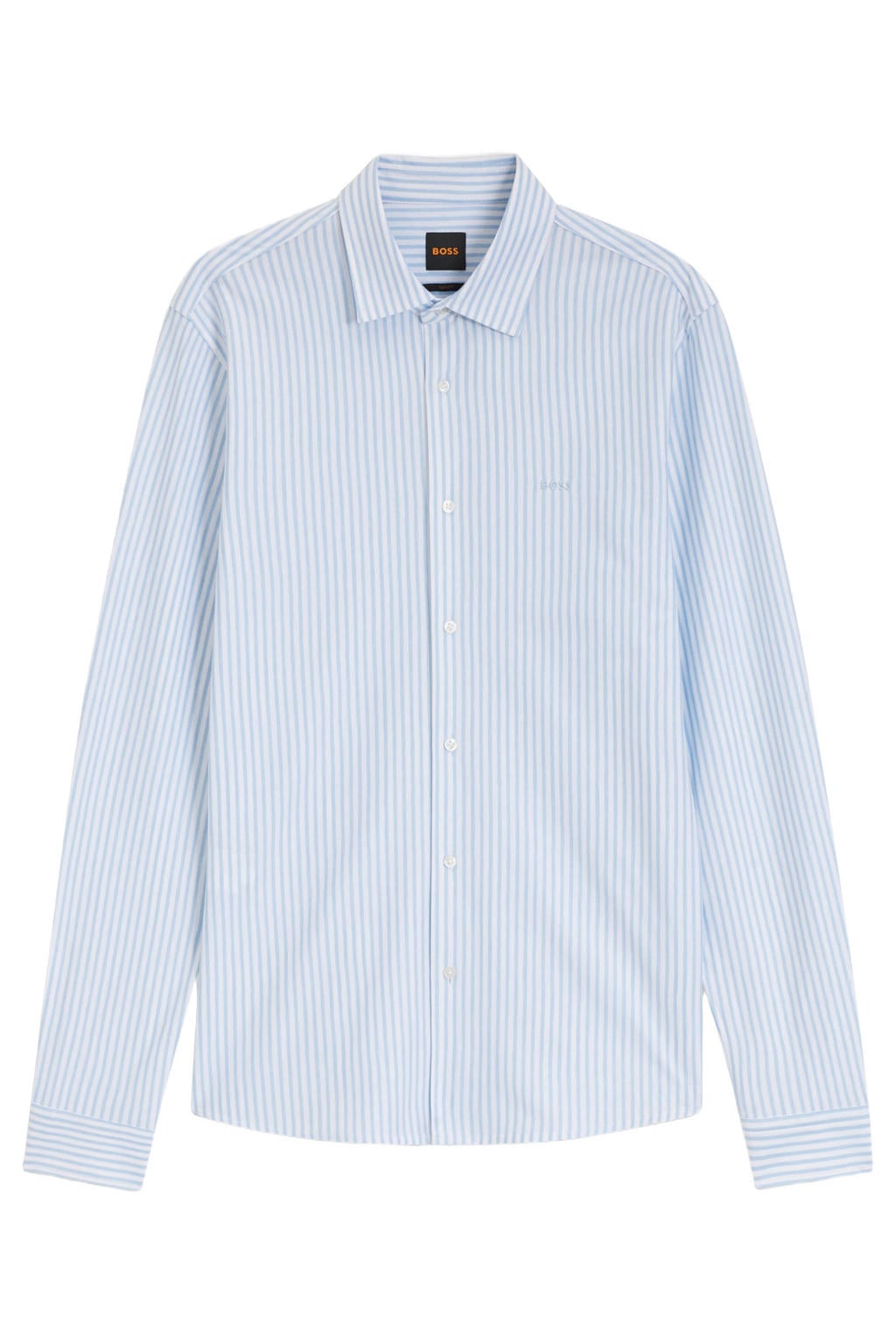Lichtblauwe heren BOSS slim fit gemêleerd casual overhemd van katoen met melée print, lange mouwen en klassieke kraag