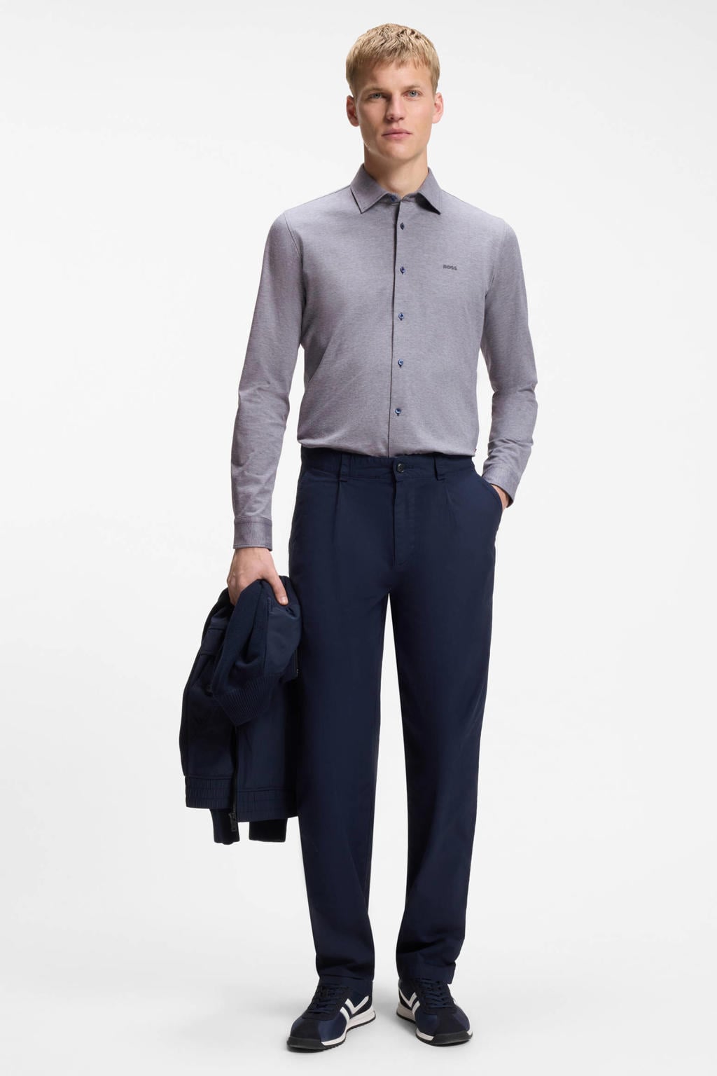 BOSS slim fit gemêleerd overhemd - donkerblauw