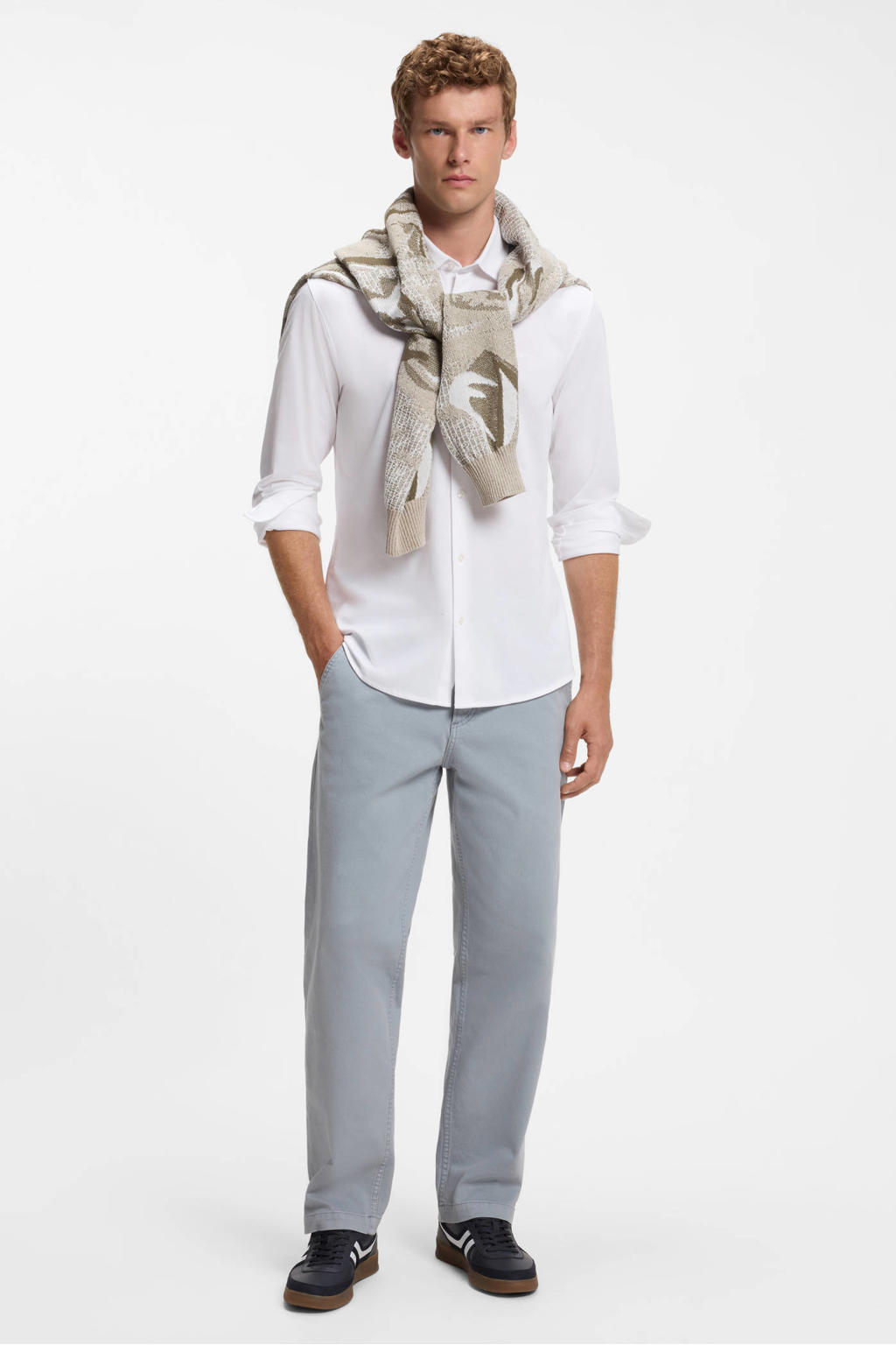 Witte heren BOSS slim fit casual overhemd van katoen met melée print, lange mouwen en klassieke kraag