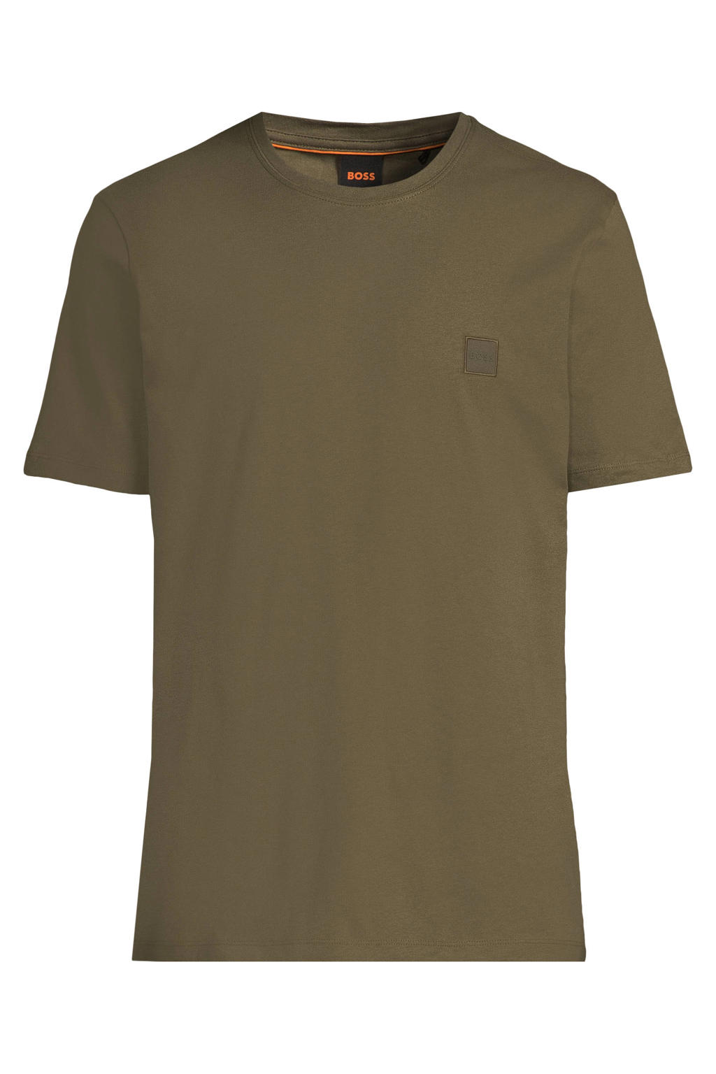 Donkergroene heren BOSS regular T-shirt van katoen met effen, korte mouwen en ronde hals