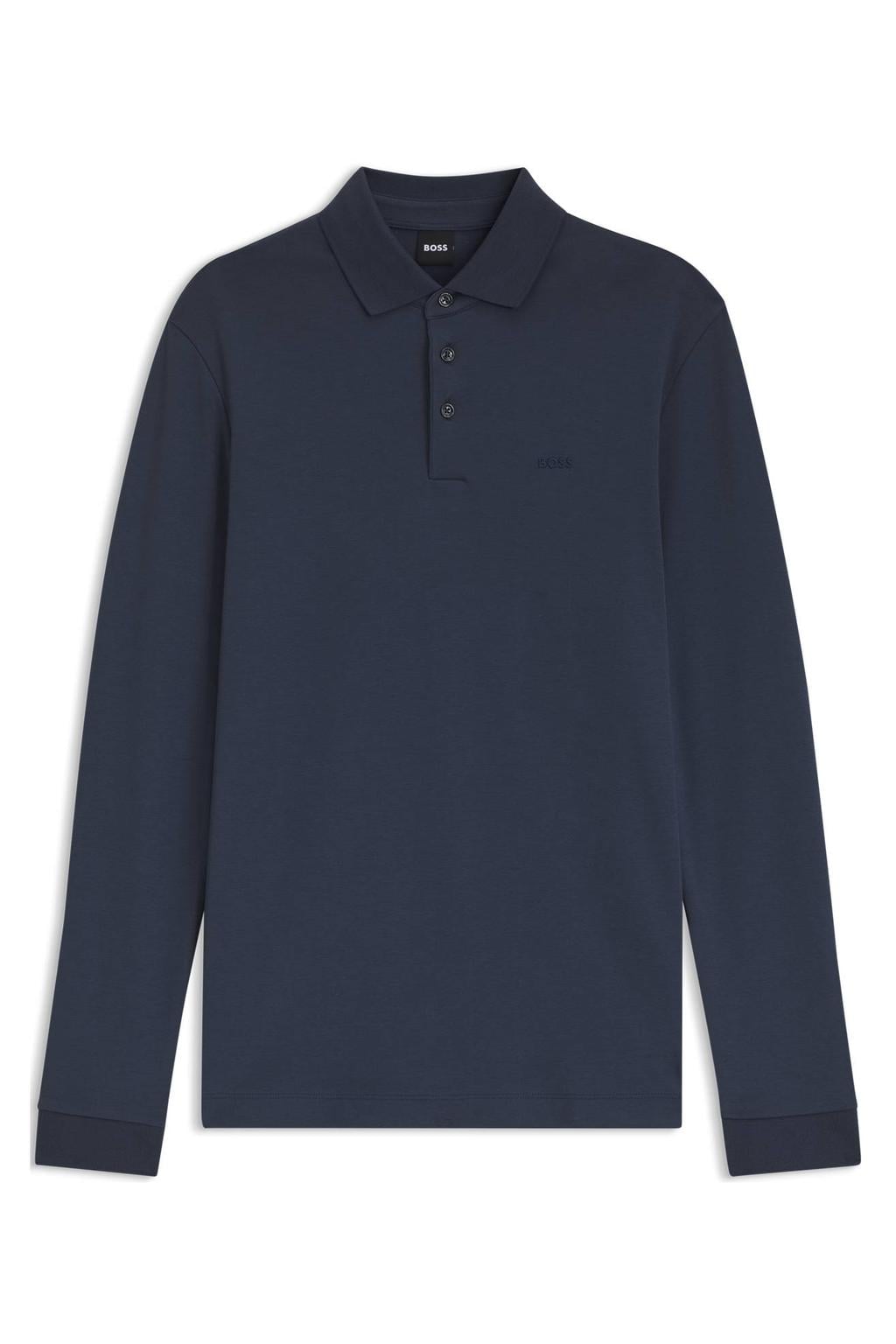 Donkerblauwe heren BOSS Pado regular fit polo van katoen met logo dessin en lange mouwen