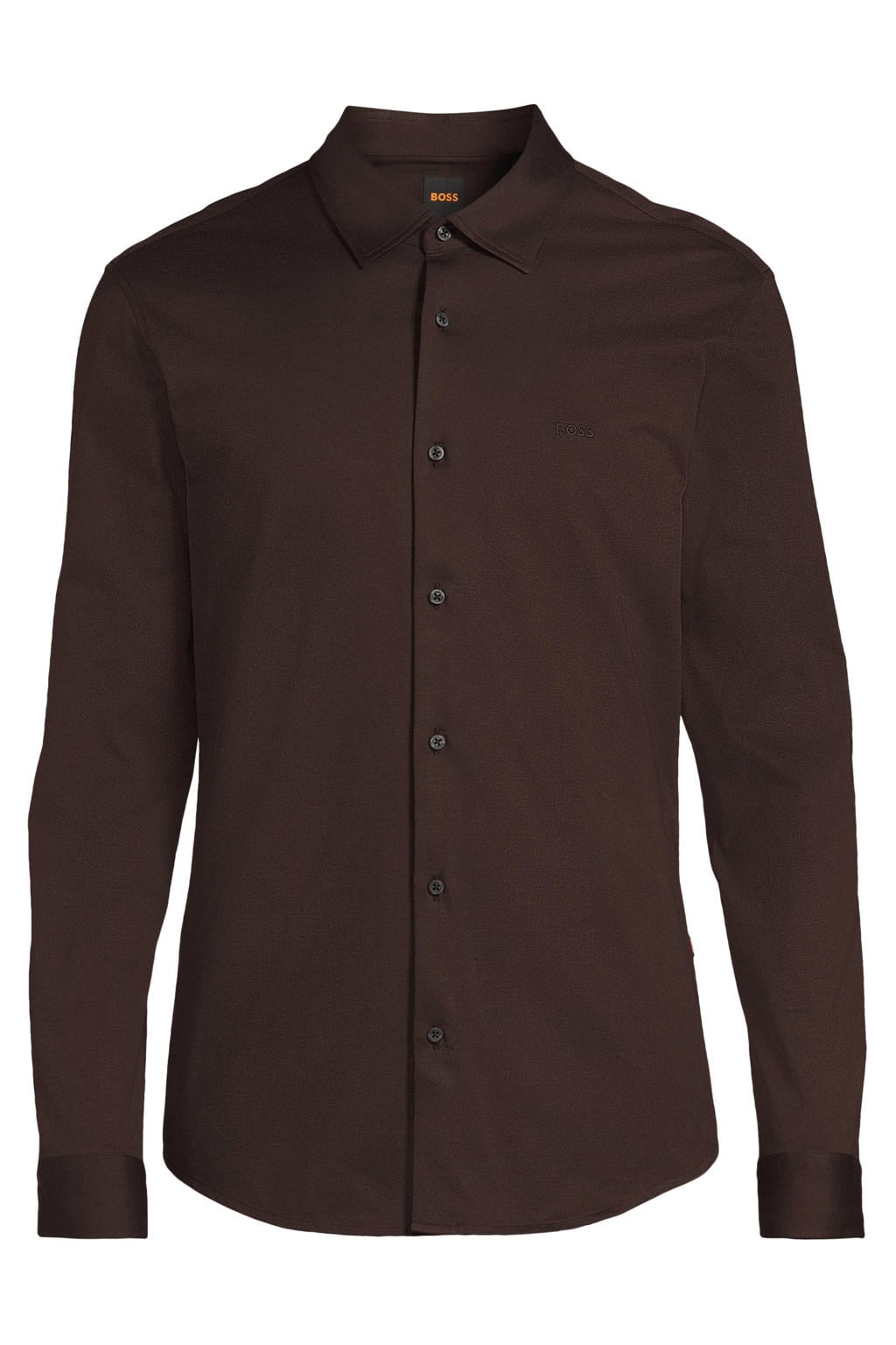 Donkerblauwe heren BOSS slim fit gemêleerd overhemd van katoen met melée print, lange mouwen en klassieke kraag