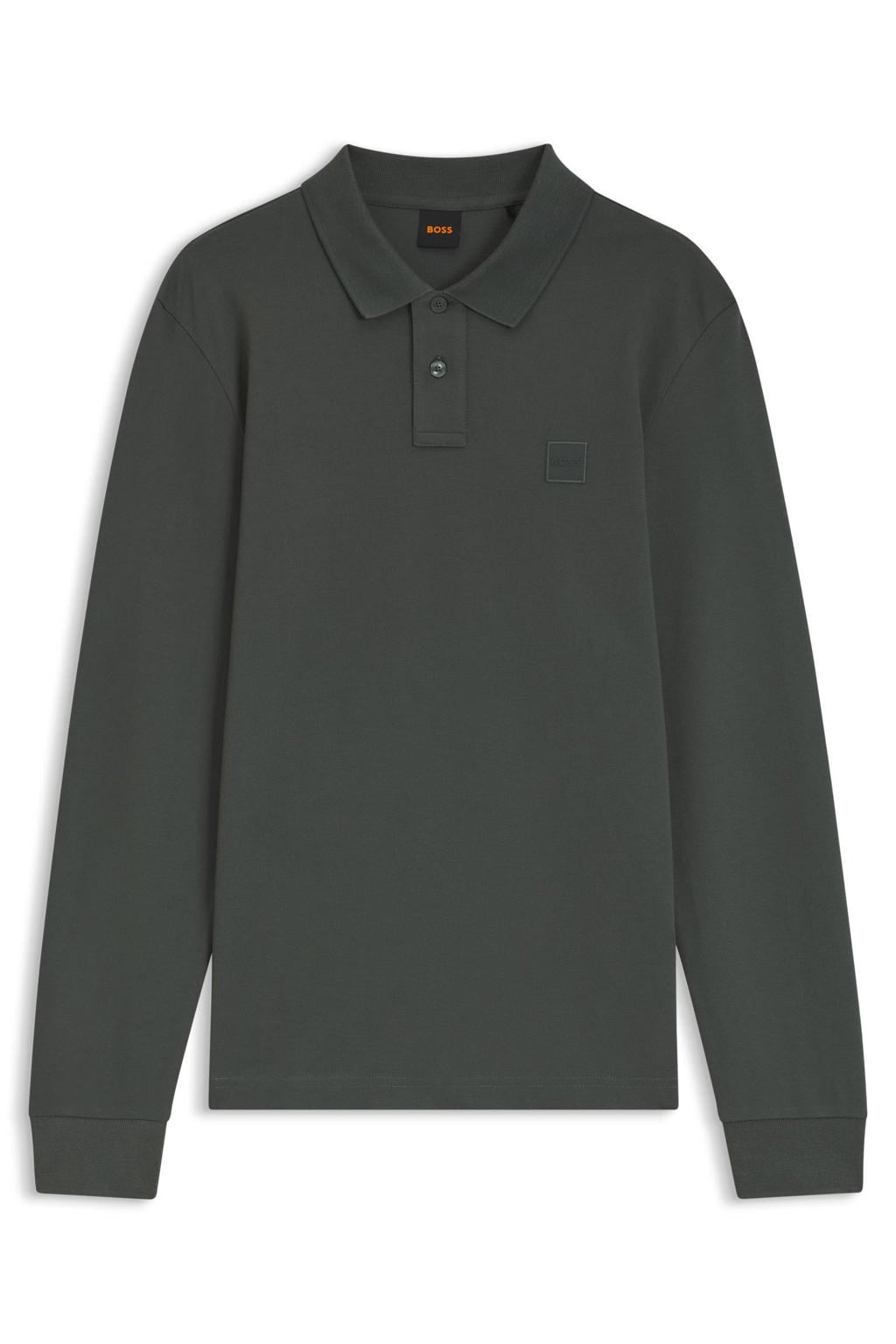 Donkergroene heren BOSS slim fit polo van stretchkatoen met logo dessin en lange mouwen