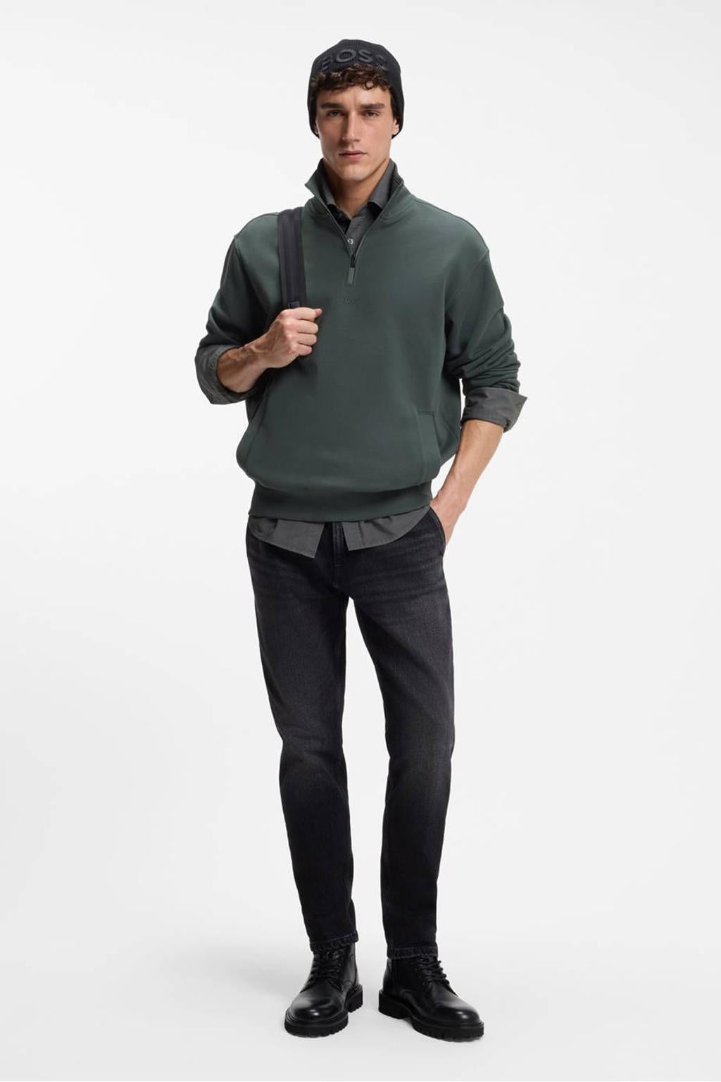 BOSS Ze_Smallzip relaxed fit sweater - donkergroen