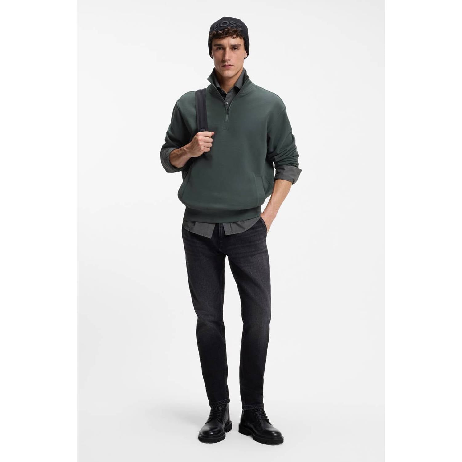 BOSS Ze_Smallzip relaxed fit sweater donkergroen