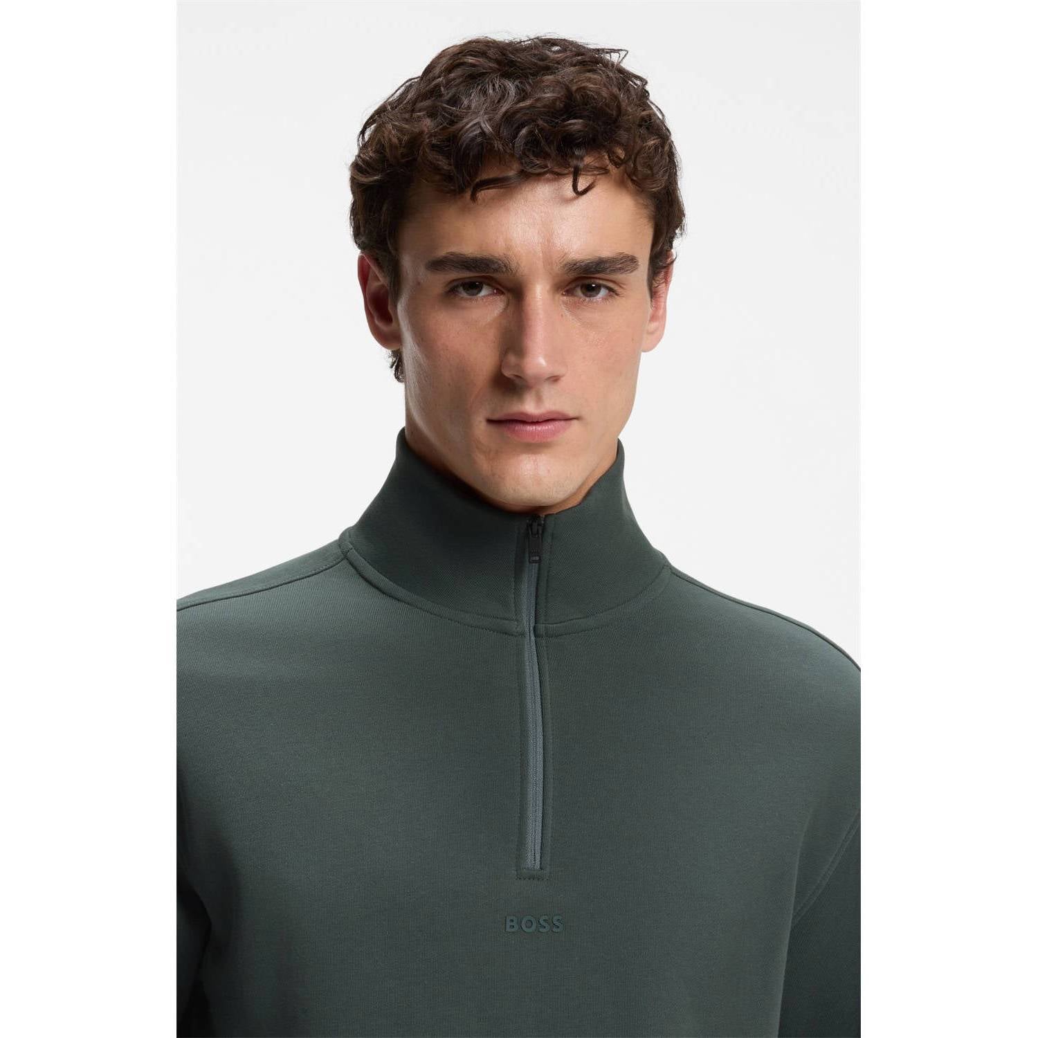 BOSS Ze_Smallzip relaxed fit sweater donkergroen