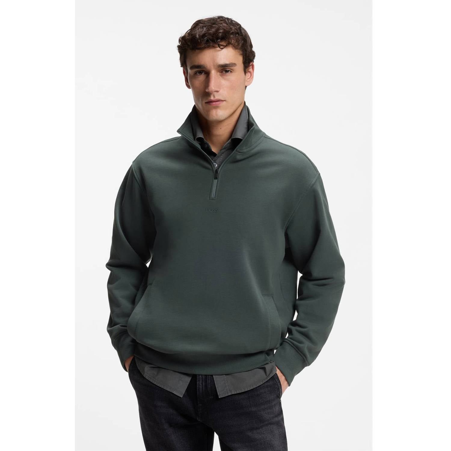 BOSS Ze_Smallzip relaxed fit sweater donkergroen