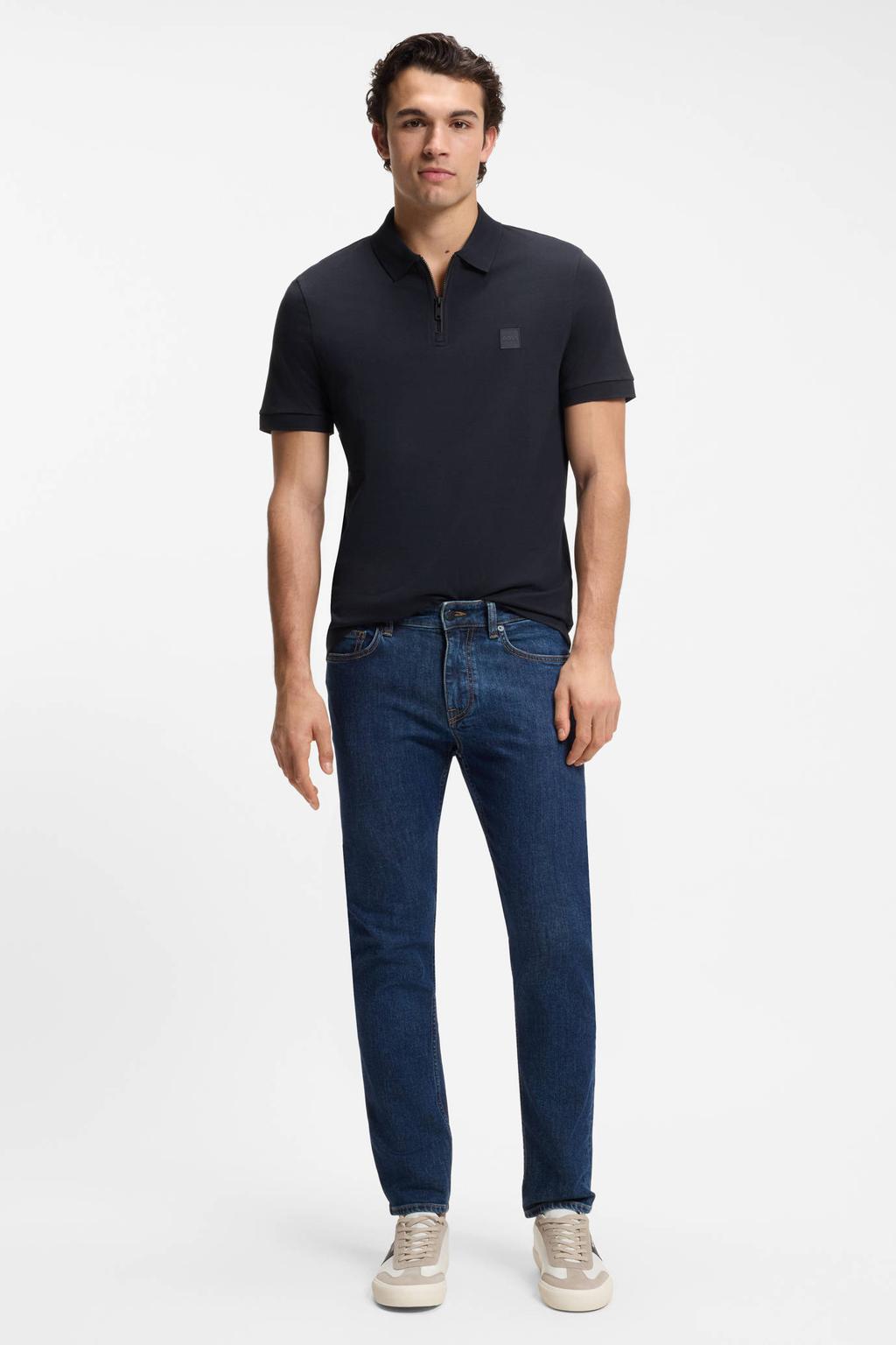 Donkerblauwe heren BOSS slim fit polo van katoen met effen en korte mouwen