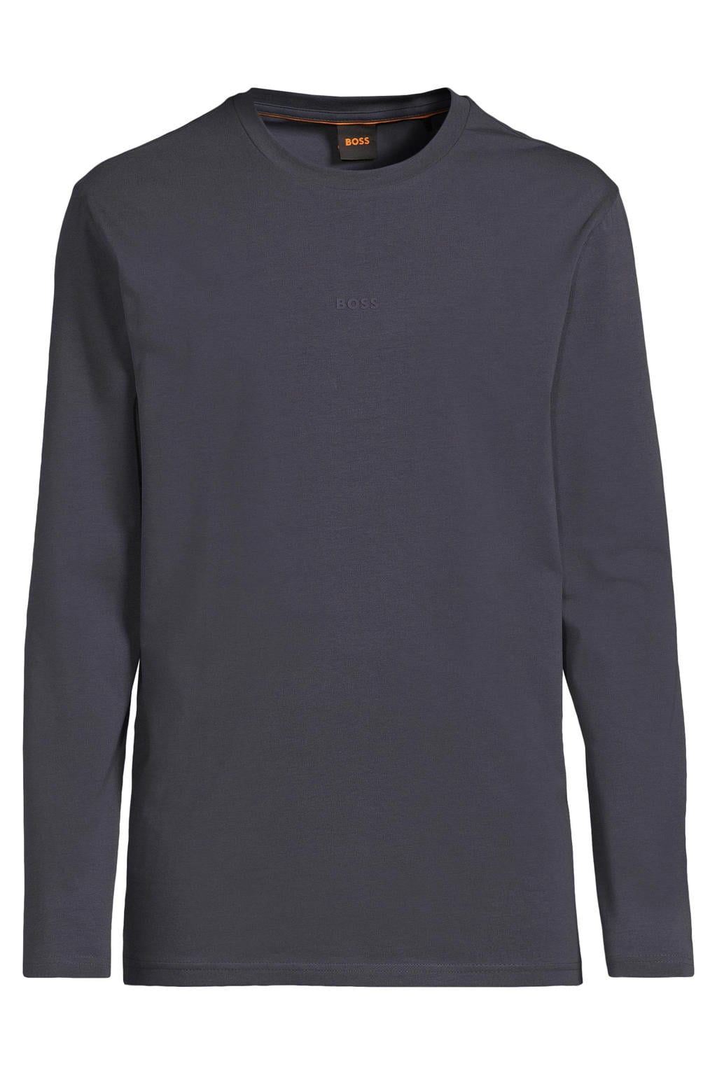 Donkerblauwe heren BOSS regular fit longsleeve van stretchkatoen met effen, lange mouwen en ronde hals