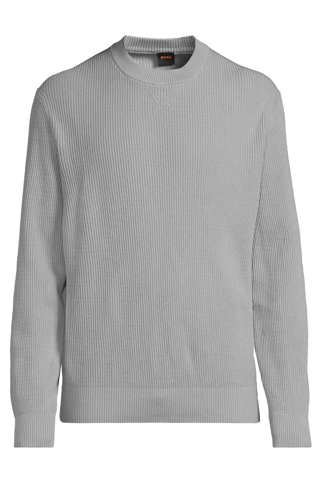 Grijze heren BOSS katoenen regular fit trui met lange mouwen, ronde hals en ingebreid patroon