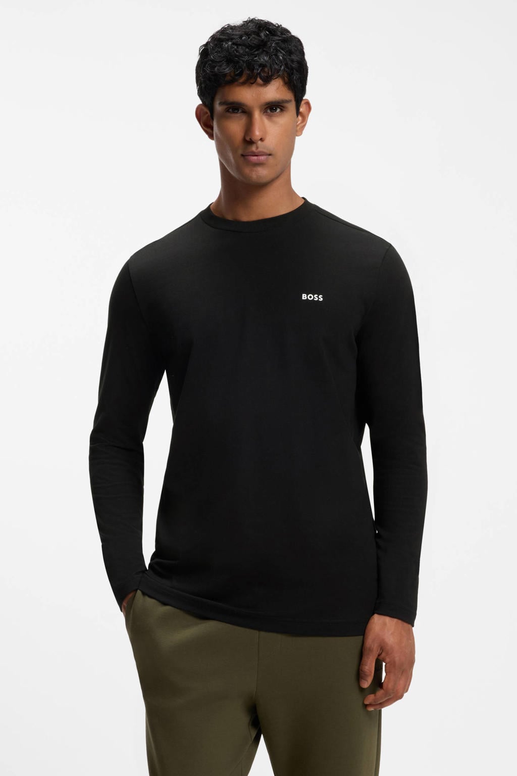 Zwarte heren BOSS regular fit longsleeve van katoen met effen, lange mouwen en ronde hals