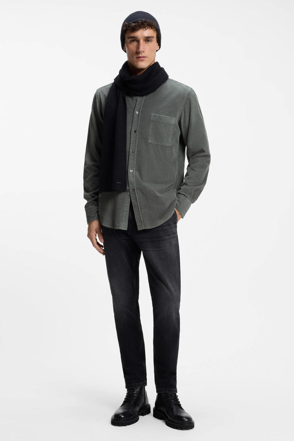 Grijsgroene heren BOSS regular fit corduroy overhemd groen met effen, lange mouwen en klassieke kraag
