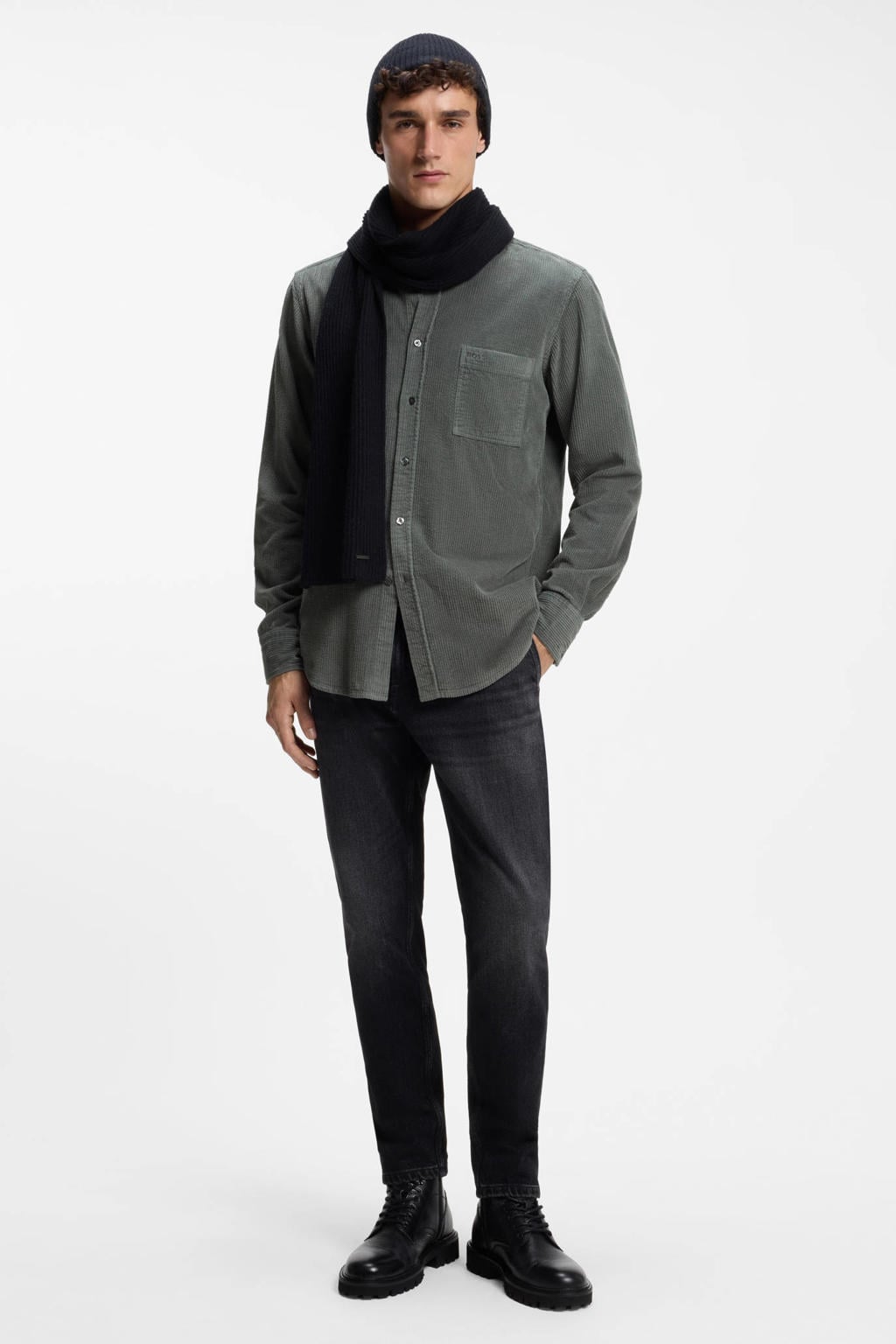 Grijsgroene heren BOSS regular fit corduroy overhemd groen met effen, lange mouwen en klassieke kraag