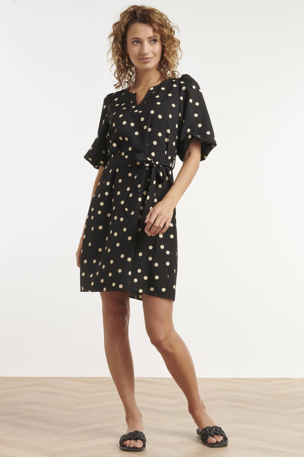 Zwart en beige dames Smashed Lemon korte jurk van polyester met stippenprint, korte mouwen en V-hals