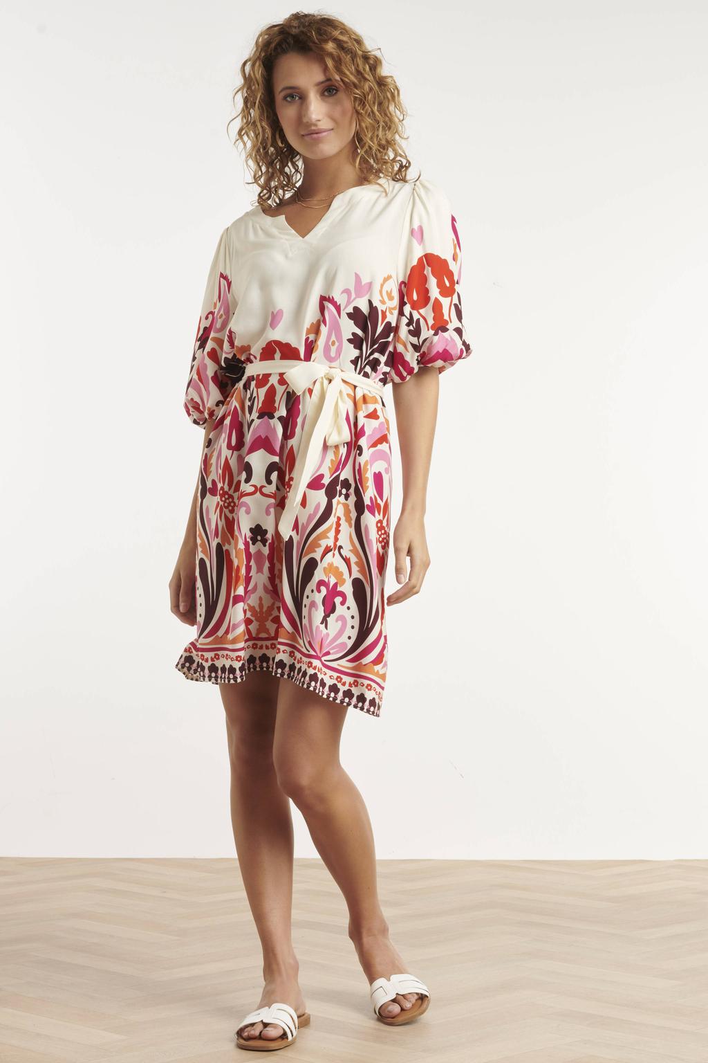 Wit, rood en paarse dames Smashed Lemon zomerjurk met print van rayon met korte mouwen en V-hals