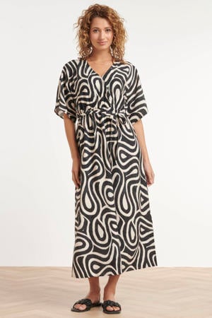 katoenen zomerjurk met ceintuur en print - zwart